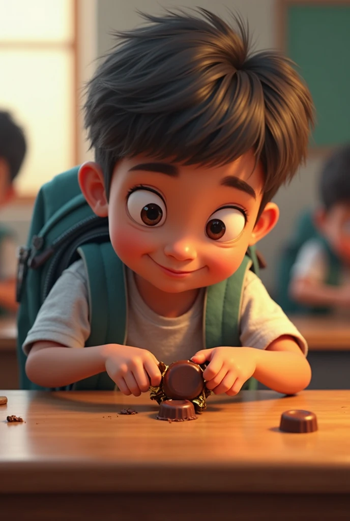 (photorealism:1.2),Child eating bear chocolate, background in a school