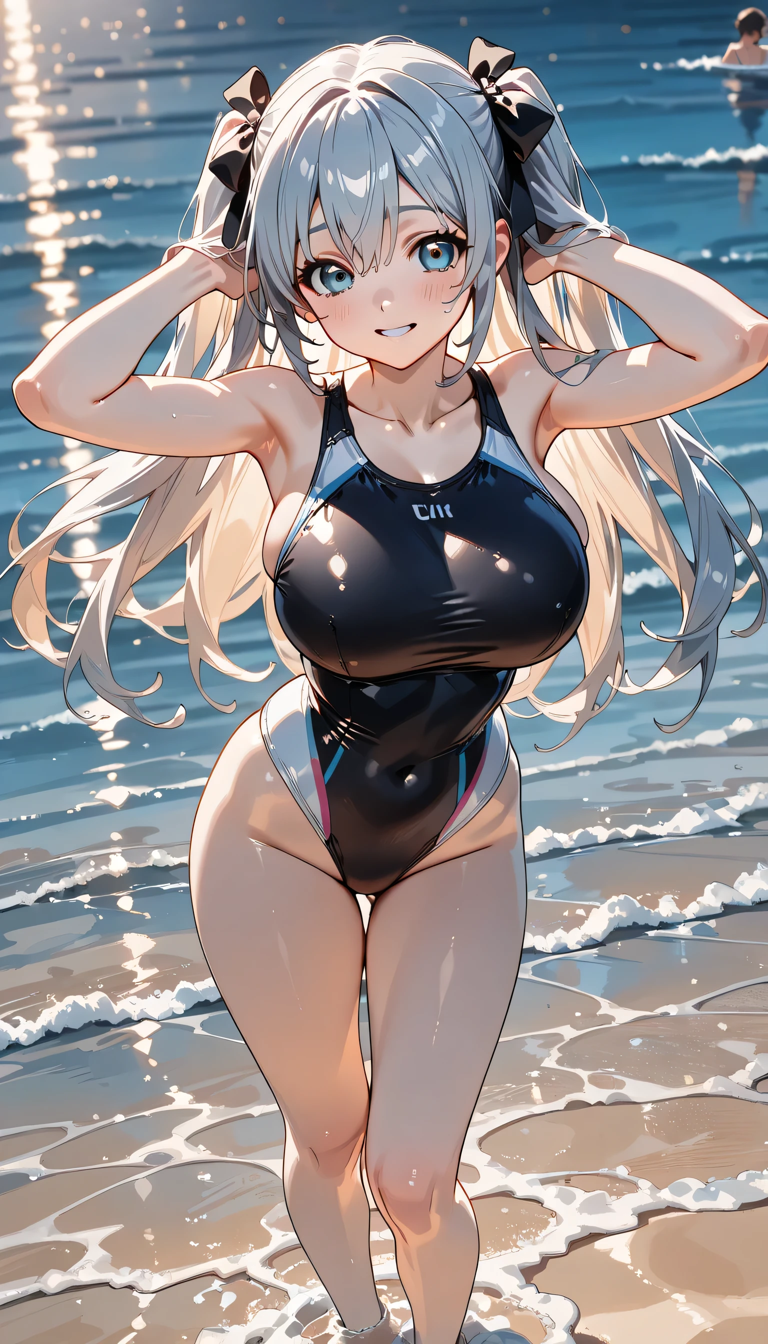 highest quality、Highest image quality、masterpiece、),、Super beautiful women ((22 years old OL big bust、、slender、beautiful hip,Close-up, BeautifulHigh quality、BeautifulArt、)muste piece、visual art、Depth of the bounds written、gentle light、kind on the skin, swimsuit, fully body, wide hips, large thighs, skin tight swimsuit, giant breasts , zoomed out, fully body view, giant juicy ass shown