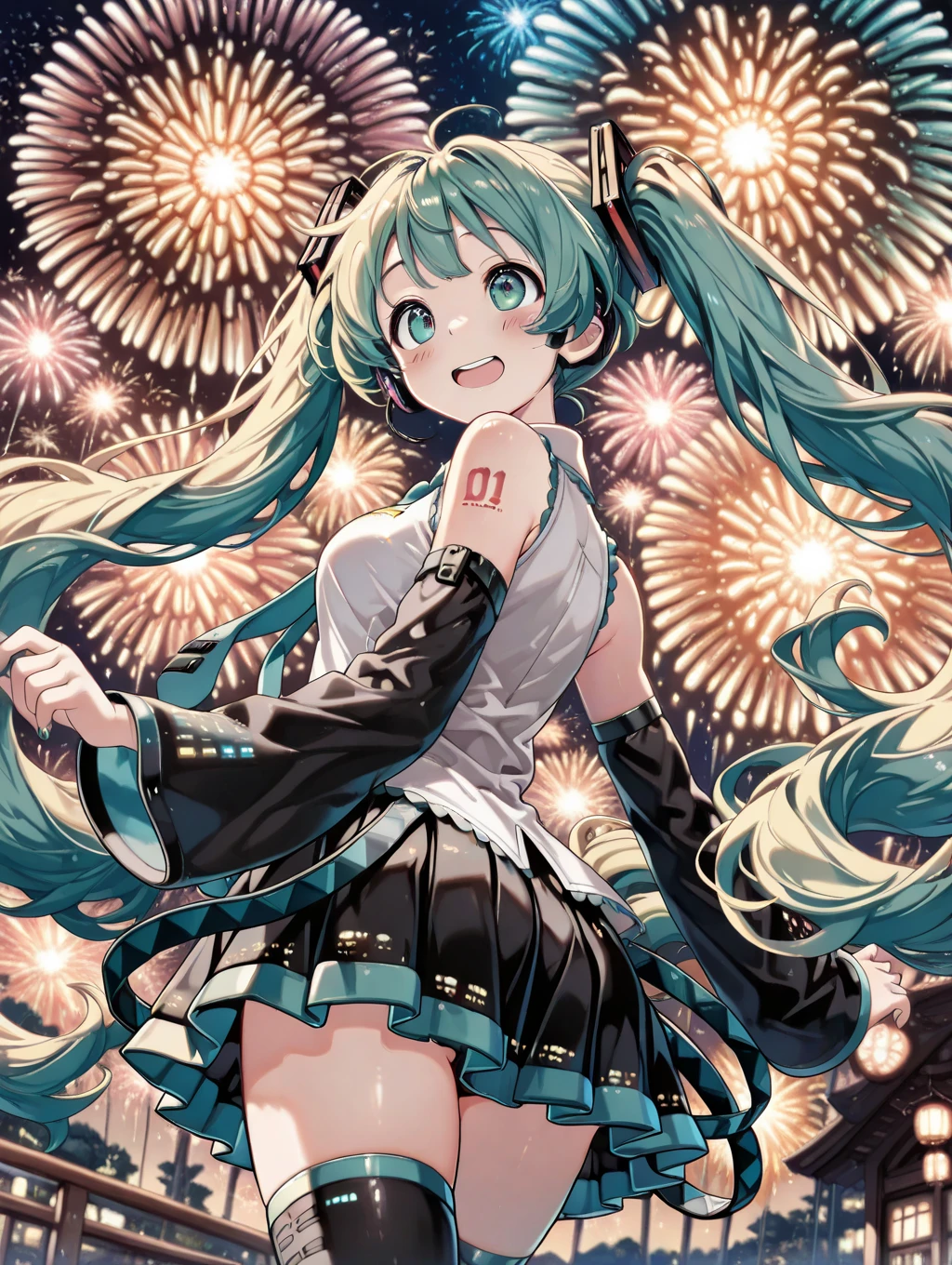 Hatsune Miku holding a birthday cake. Fireworks in the background.