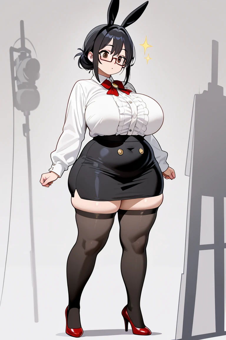 ((Full body, very high quality, detailed)), thick thighs, wide hips, glasses, very big belly, wobbly belly, belly bursting out of shirt, enormous belly, thighhighs, (long hair), thight clothes, office lady, (Flandre scarlet)