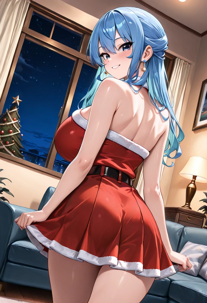 1 girl, game CG, Santa Claus costume, short skirt, cleavage visible, string hair ribbon, gigantic breasts, light blue hair, middle hair, two side up, blue eyes, party venue, looking back, smile, dynamic,