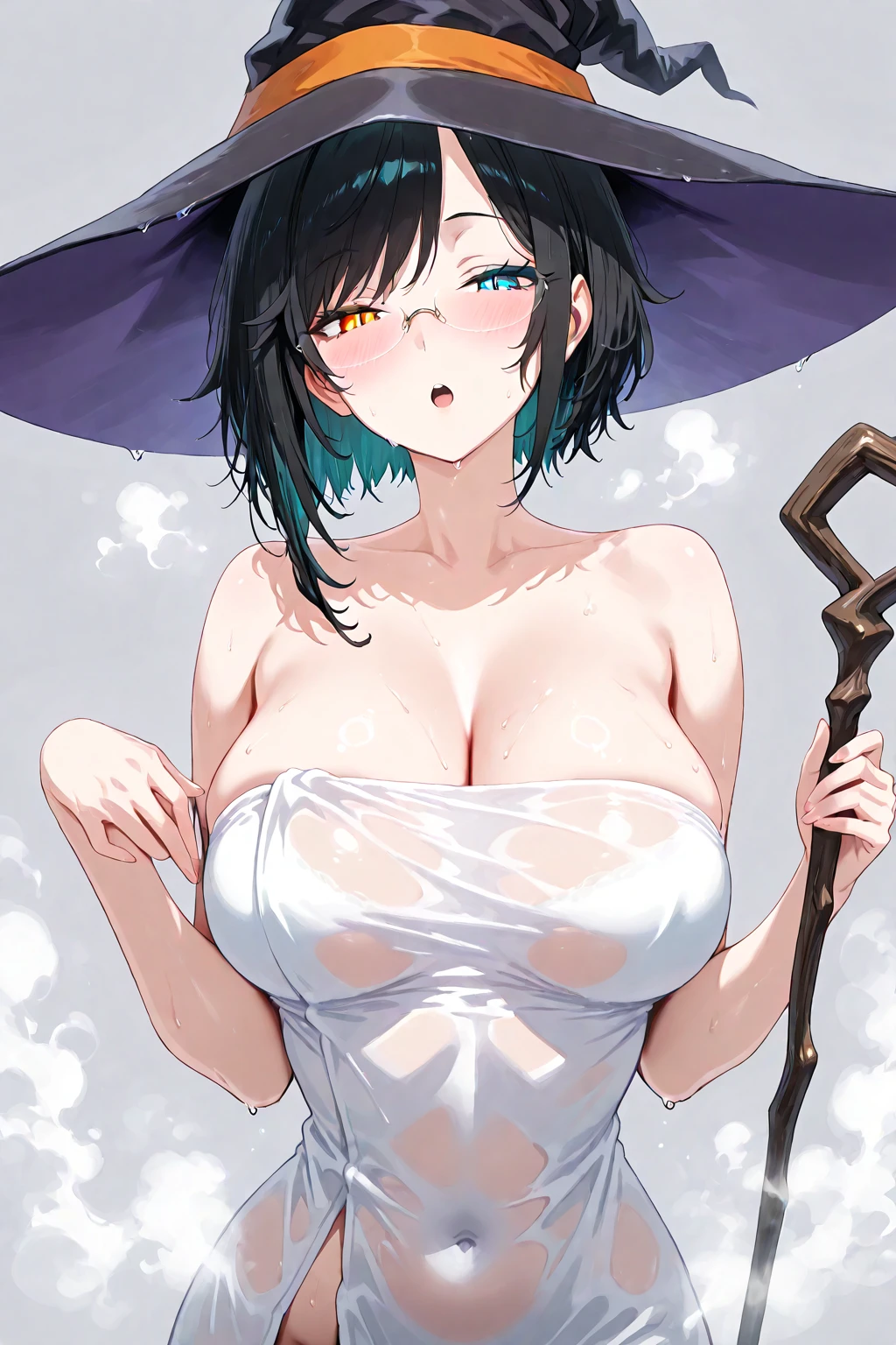 masterpiece, best quality, 1 girl, solo, large breasts, red eyes, nervous smile, blunt bangs, brond hair, short hair, cute witch, witch hat, ancient magic world, fantasy world, povfellatio,1boy,penis　, penis, penis , pov, penis , penis , penis , penis , penis , penis , penis 