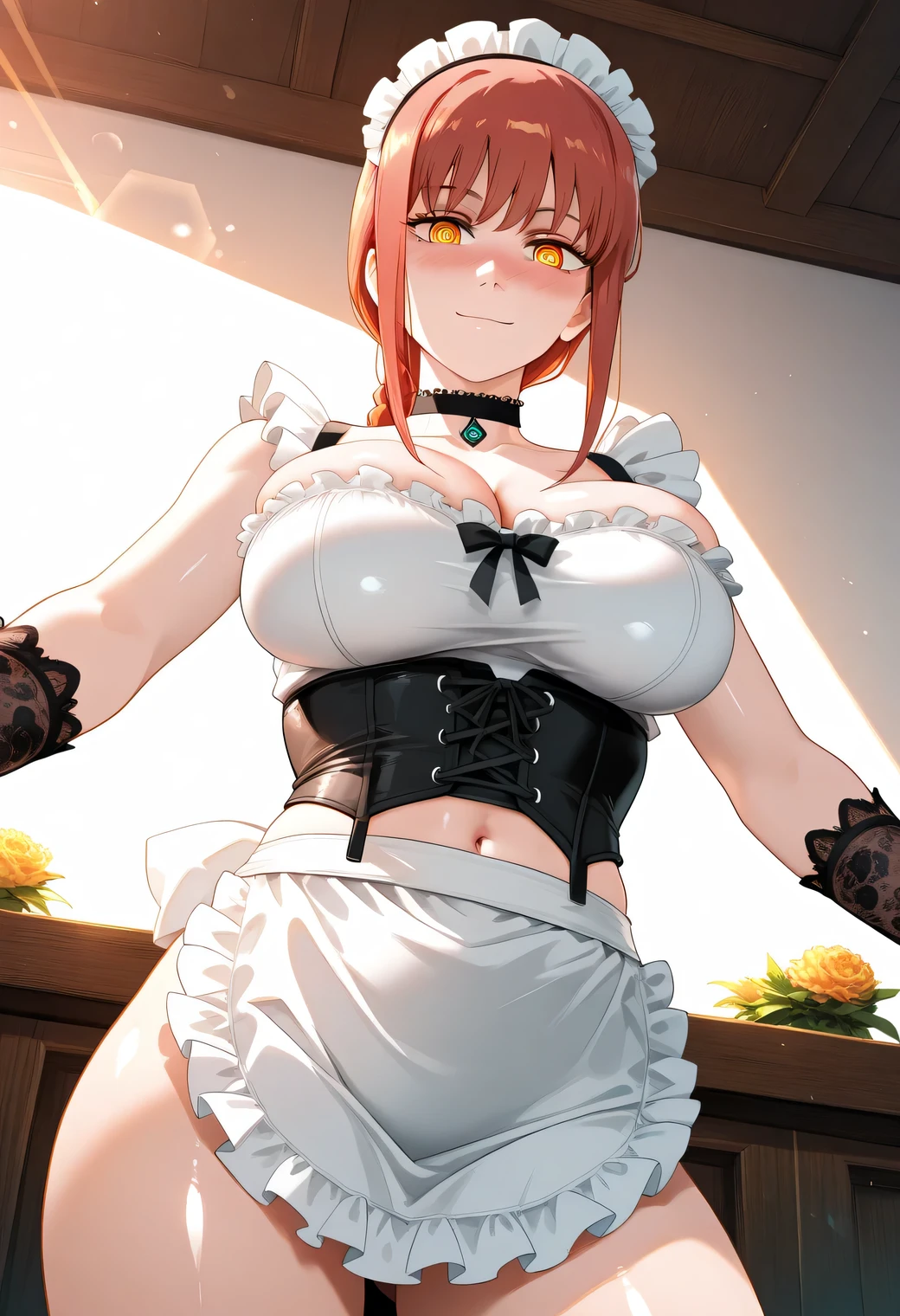 1girl, solo, makima, chainsaw man_makima, chainsawman_style, manga_style, Tatsuki fujimoto_style, red hair, long hair, braided ponytail, yellow eyes, ringed eyes, large breasts | Standing,, accentuated breasts,, smiling, closed mouth, Looking At Viewer, tilting head,, simple background, white background, dynamic, dynamic composition,beautiful sunlight, beautiful lighting, lens flare, light leak, Touching illustrations, touching, emotional,  wearing a detailed and elegant black and white French maid outfit with a frilly apron, low-cut corset top, and lace gloves. with a shy or neutral expression. Hair adorned with floral accessories and ribbons, wearing a decorative choker. ,COWBOY SHOT, soft white background with distinct shadows. High-resolution anime-style illustration, clean lines, smooth shading, and rich fabric details., solo focus, looking at viewer, shiny skin, shiny hair, shiny body, clear body, nose blush, BREAST FOCUS, POSING, CLEAVAGE, DYNAMIC POSE, NICE LEGS, COWBOY SHOT, cowboy shot, NOSE BLUSH,. , white background, dynamic pose,, opaque clothes,,, ., opaque clothes, LOOKING AT VİEWER, opaque clothes, POSING, navel, midriff, nice legs, GLOWING EYES, NICE LEGS, view from below, POSING, 

