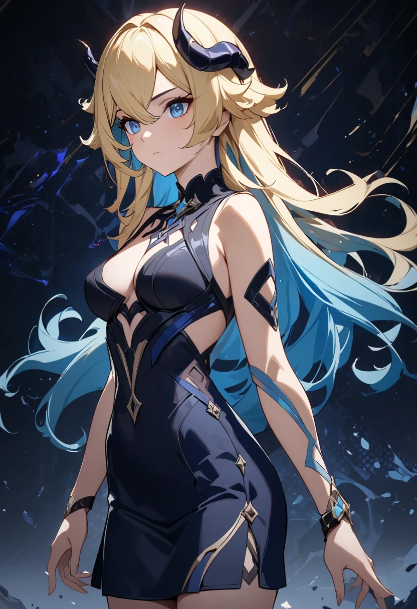 Nara Vor EndField has long, flowing blonde hair that reaches her waist and piercing blue eyes, reflecting intelligence and sharpness. She wears a simple yet stylish black dress with a high collar and a belt at the waist, adding a touch of elegance. Her serious and focused expression suggests determination and readiness for a challenge. The abstract, glowing background enhances the mysterious and dramatic aura surrounding her, emphasizing her strong and charismatic presence.