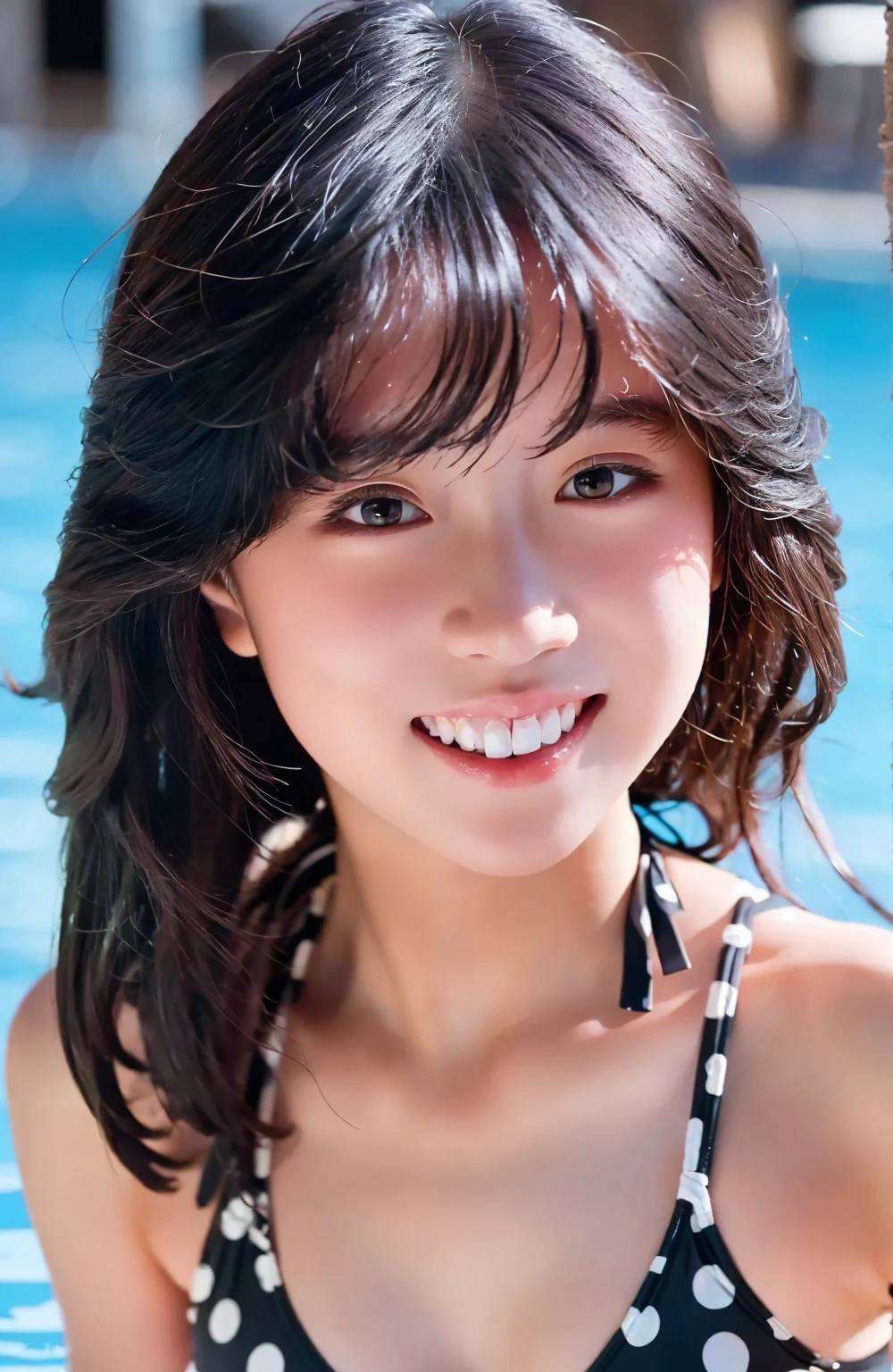 (Highest quality、masterpiece、、Best image quality、Hyperrealism、Award-winning works)、1 Girl、((Whole body image))、Soft indirect lighting、Soft and delicate light、Romantic lighting、Great cinema lighting、(The most beautiful smile is looking at me:1.1、Accurate anatomy、beautiful Glossy Lipstick, Natural Color、Natural Makeup、Glossy Lips、Ultra HD glossy skin、ultra-high definition radiation, beautiful Skin、Moisturized, beautiful skin、beautiful, Glowing Skin、Ultra-high definition glossy lips、Ultra HD Shining Eyes、smile、Pool、tracing:1.3)、(Detailed lighting、Highly detailed skin、Highly detailed hair、Shadow、8K)、Look at the people watching、(High key lighting)、masterpiece、Highest quality、Highest quality、Official Art、 wallpaper、High resolution、超High resolution、Super detailed、Beautiful and aesthetic