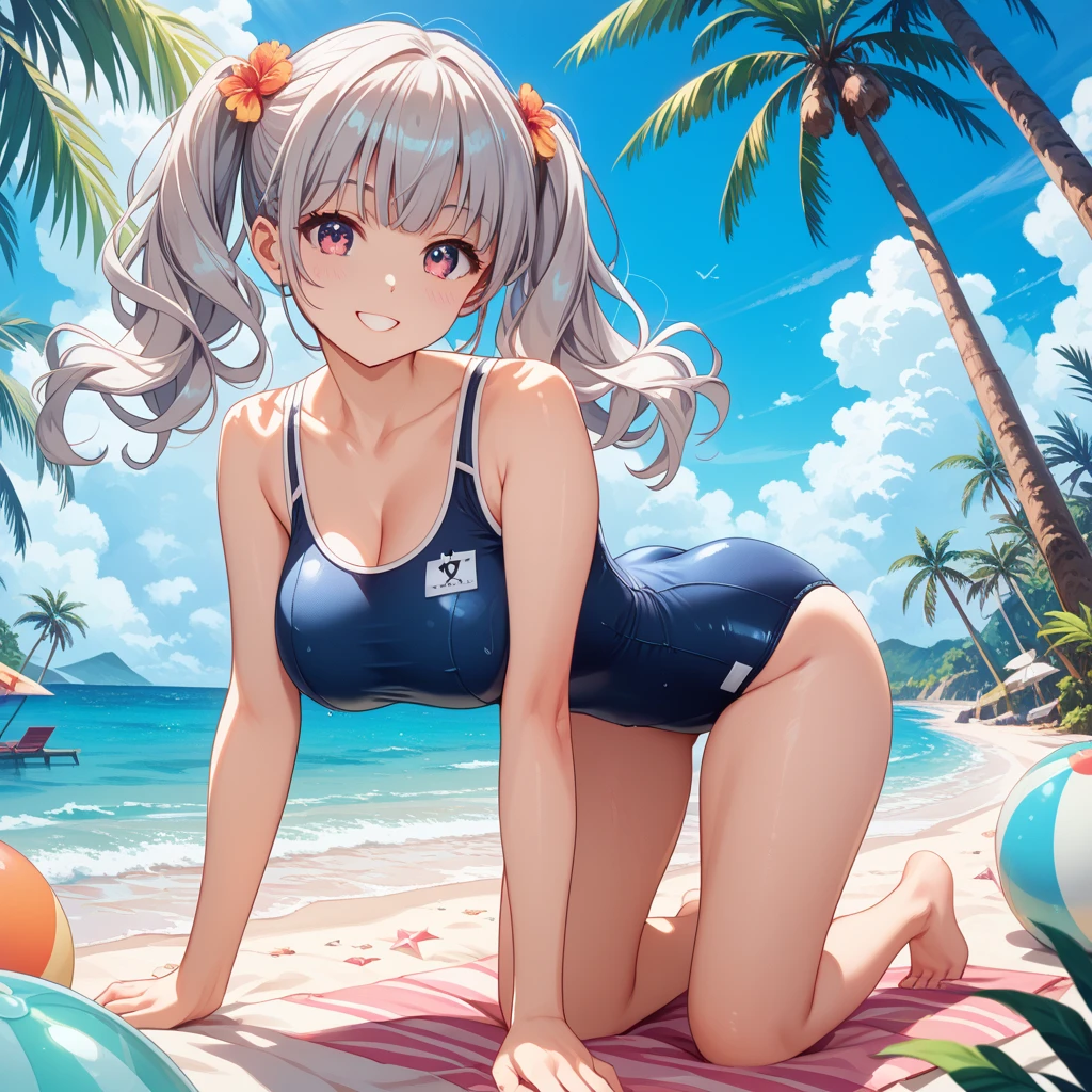 (anime artwork, anime style, studio anime, very detailed, up to date, vibrant, Anime Coloring, high contrast, masterpiece:1.2, best quality, best aesthetics),2 girl,hug from behind,swim suits, Medium chest, A glimpse of thighs,random hair, One eye is hidden by the bangs, perfect proportions, high detail skin, Cute, detailed faces,beach, precise fingers,curvy,swim suits crowd
