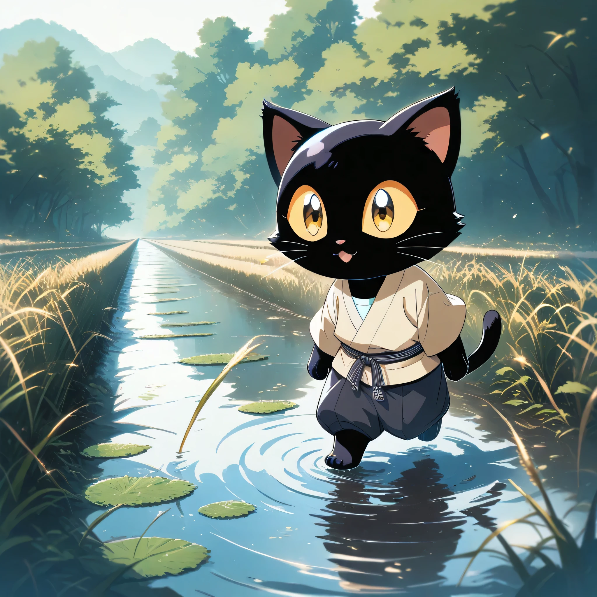(masterpiece, best quality, ultra-detailed), a cute stylized anthropomorphic semi-human black cat with a rounded face, shiny yellow eyes, soft black fur, and symmetrical forward-facing ears. The cat is walking leisurely along a narrow path between freshly planted rice paddies in the countryside in early May, wearing a casual Japanese-style outfit with a jinbei-style top and wide pants. Full body, soft anime style, 1:1 aspect ratio, warm spring daylight reflecting in the water.