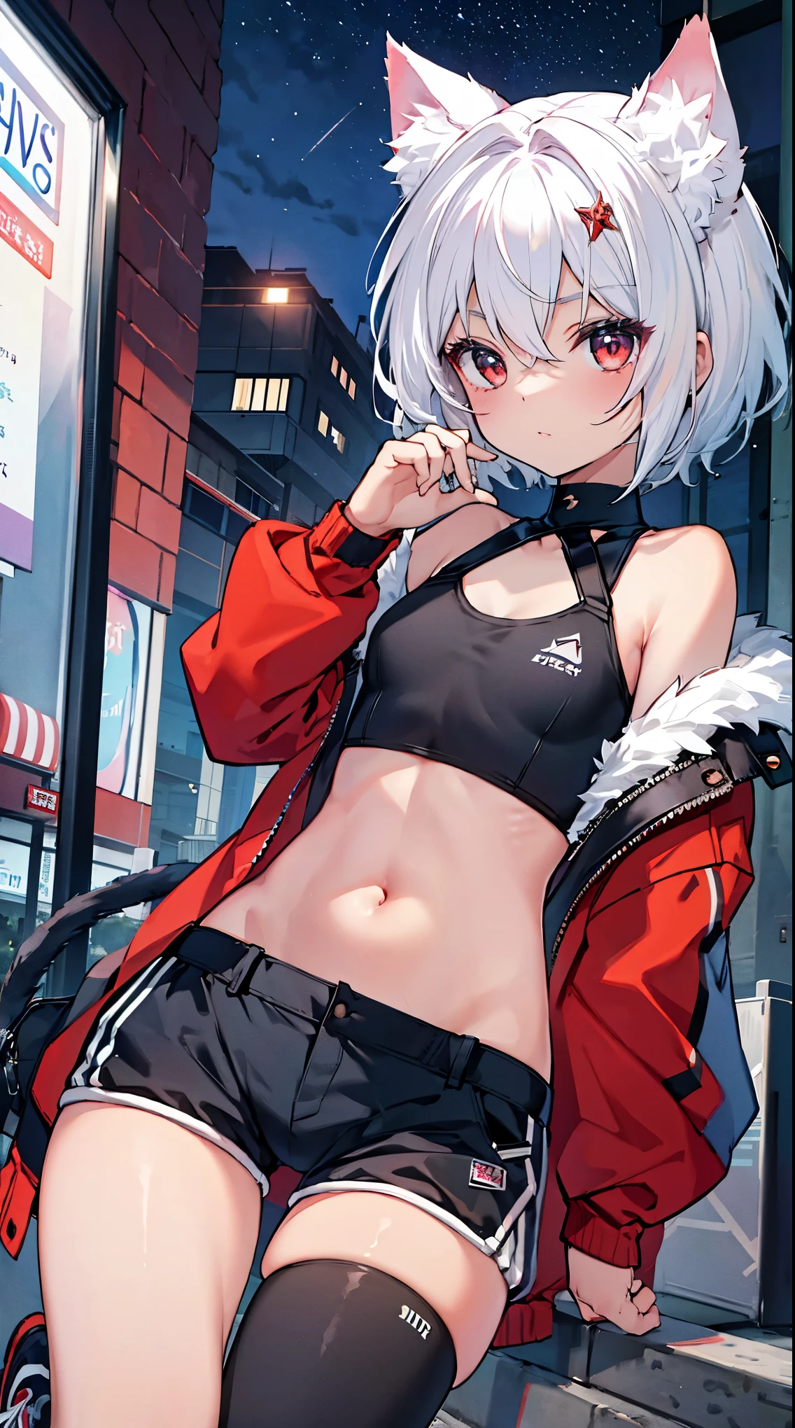 top grade 、white hair、short hair,red eyes、Beautiful Girls、Petite、Cat ears,flat chested,(,jersey,hotpants,sneakers,navel,),Street,,,night,