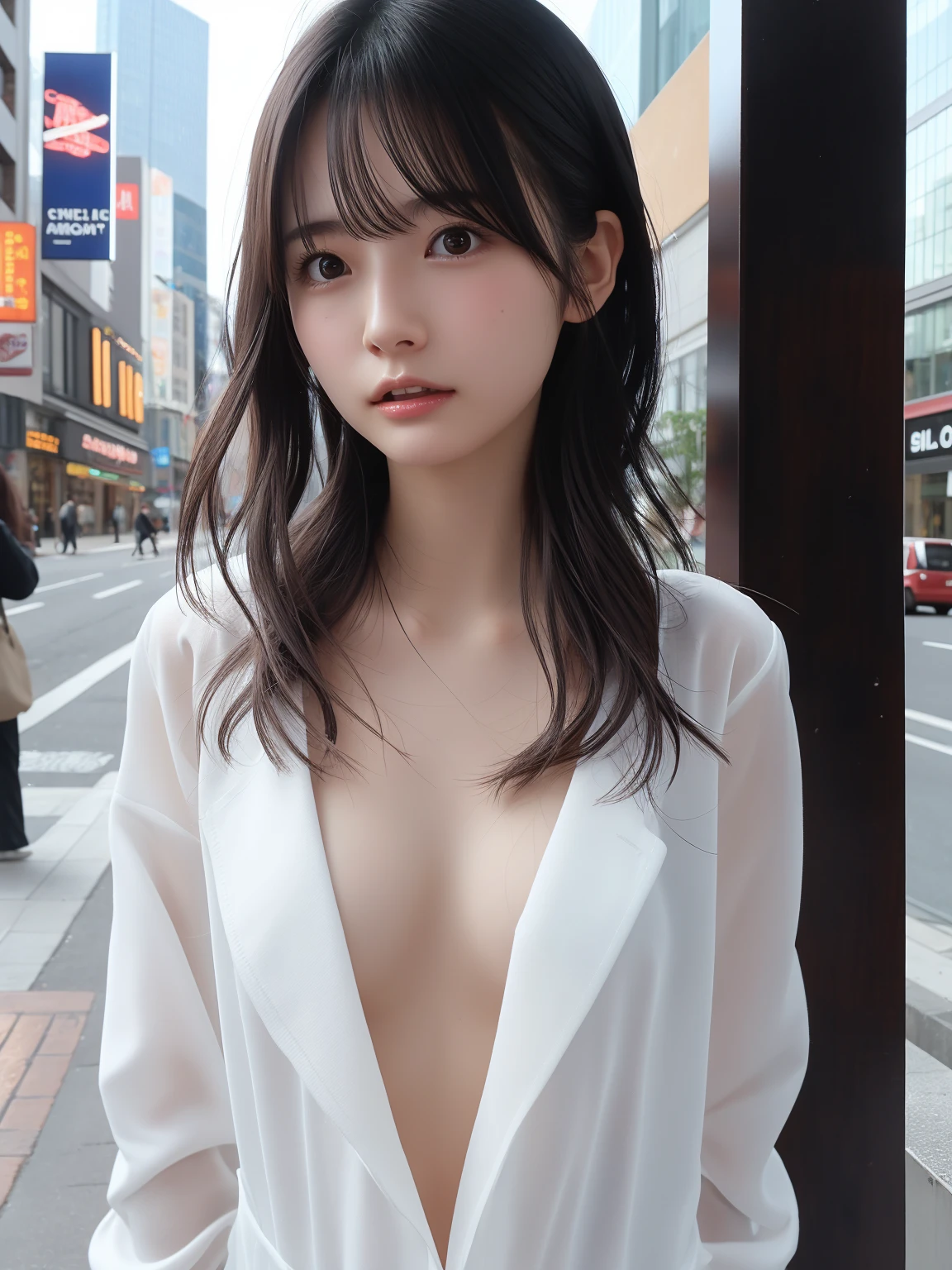 High resolution, RAW Photos, Realistic, Very delicate and beautiful, Very detailed, In detail, Very detailed CG Unity 8K 壁紙, Super detailed, (Highest quality, 8K, 32k, masterpiece, 超High resolution:1.2), Photo of a cute Japanese model in her 20s walking downtown at night, Beautiful and elaborate face, Beautiful and clear eyes, Delicate figures, Medium Hair, Slender body, Small breasts, (Upper Body:1.3), (cardigan,)