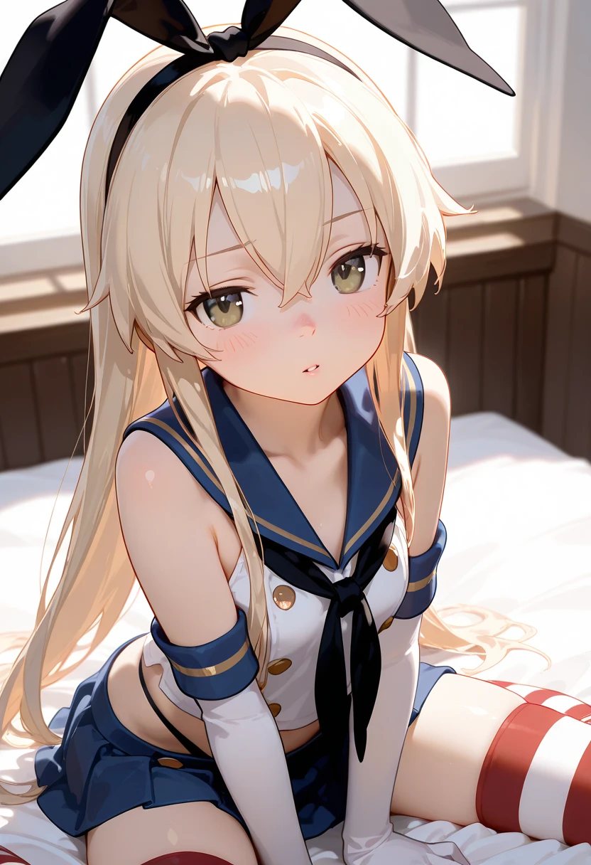 {Safety:1.10}, highest quality, masterpiece, High resolution, alone, {shimakaze_Fleet Collection:0.90}, ((whole body、Sexy pose、On the bed、On all fours、Cleavage))