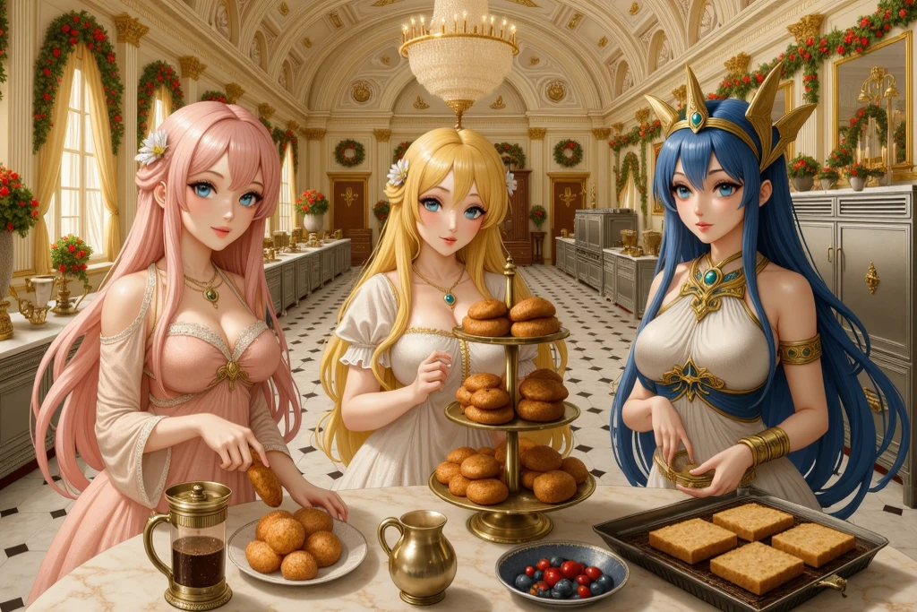 A number of alluring elven maidens, each donning a distinct hair hue, clad in revealing silk garments of different colors, their plump bellies and thick thighs charmingly exposed, casting a sensuous gaze upon the viewer, each maiden distinct from one another in temperament and form, as they recline, relaxing, in a richly decorated room, snacking lasciviously on pieces of food, amused and blushing