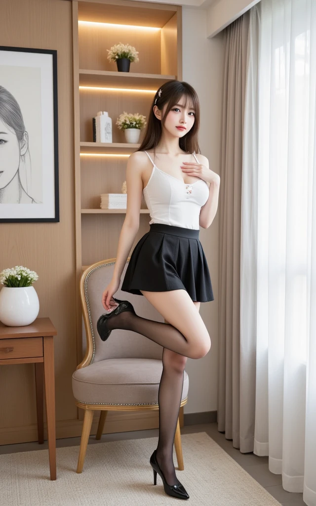 1girl, best quality, smile, medium breast, small hip, pale skin, vaginal, pubic hair, slim body, ponytail, 18 years old, spread legs, arms up, very short pleated miniskirt
