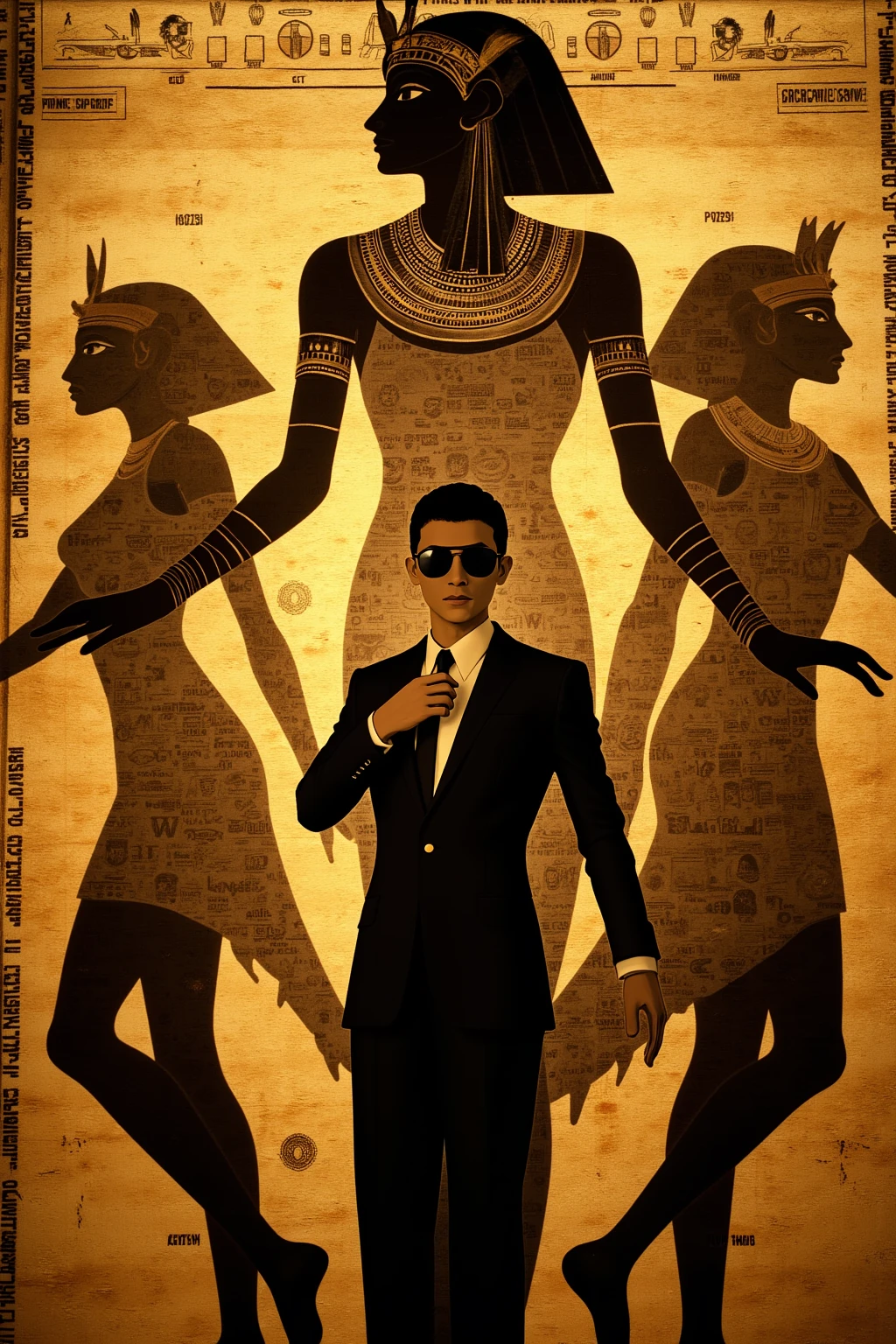 Behind the boy in sunglasses and a suit stands a black-painted Thousand-Armed Avalokitesvara.