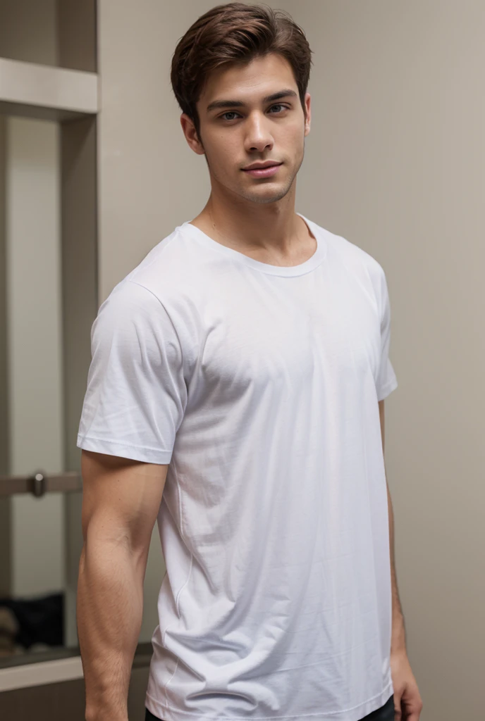 An elegant young man with a casual-chic look. He has a modern short really short haircut that gives him an air that's both neat and approachable. His expression is gentle yet confident, with a subtle smile that invites curiosity. He wears a close-fitting white linen t-shirt, which emphasizes his muscularity without being too ostentatious