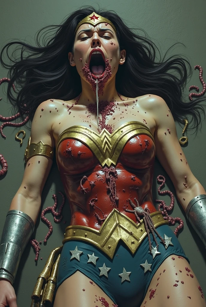 (best quality,highres:1.2), (ultra-detailed), (realistic:1.37), (HDR,UHD), (physically-based rendering), (curvy mature 40 year old Denise Milani beaten bloody and humiliated), ((no panties, exposed crotch:1.3)), ((topless, exposed chest:1.3)), ((olive green leather pleated skirt:1.3)), ((sexy nylon stockings:1.3)), ((short stiletto-heeled leather combat boots:1.3)), ((boxing gloves:1.4)), ((full breasts:1.3)), ((torpedo tits:1.5)), ((cropped, messy jet-black hair:1.4)), (beautiful large green eyes):1.3), ((thick thighs:1.4)), (defeated humiliated pose in a boxing ring), (lying down on the floor), (lying down with legs spread), (full body portrait, view from above:1.3), ((torn skirt:1.4)), ((bloody scratch marks on breasts:1.5)), ((blood splatter on breasts:1.3)), bruised face, beaten up, bruises, cuts, scratches, humiliated, ((terrified expression, crying:1.3)) ((nylon stockings:1.3)), (torn olive green pleated skirt exposing crotch), ((bruised crotch:1.4)), sexy defeated fighter, (hot red lips, makeup:1.2), big_boltedontits, boltedontits, th3p1t, ((wet puddle of yellow water between legs:1.4)),