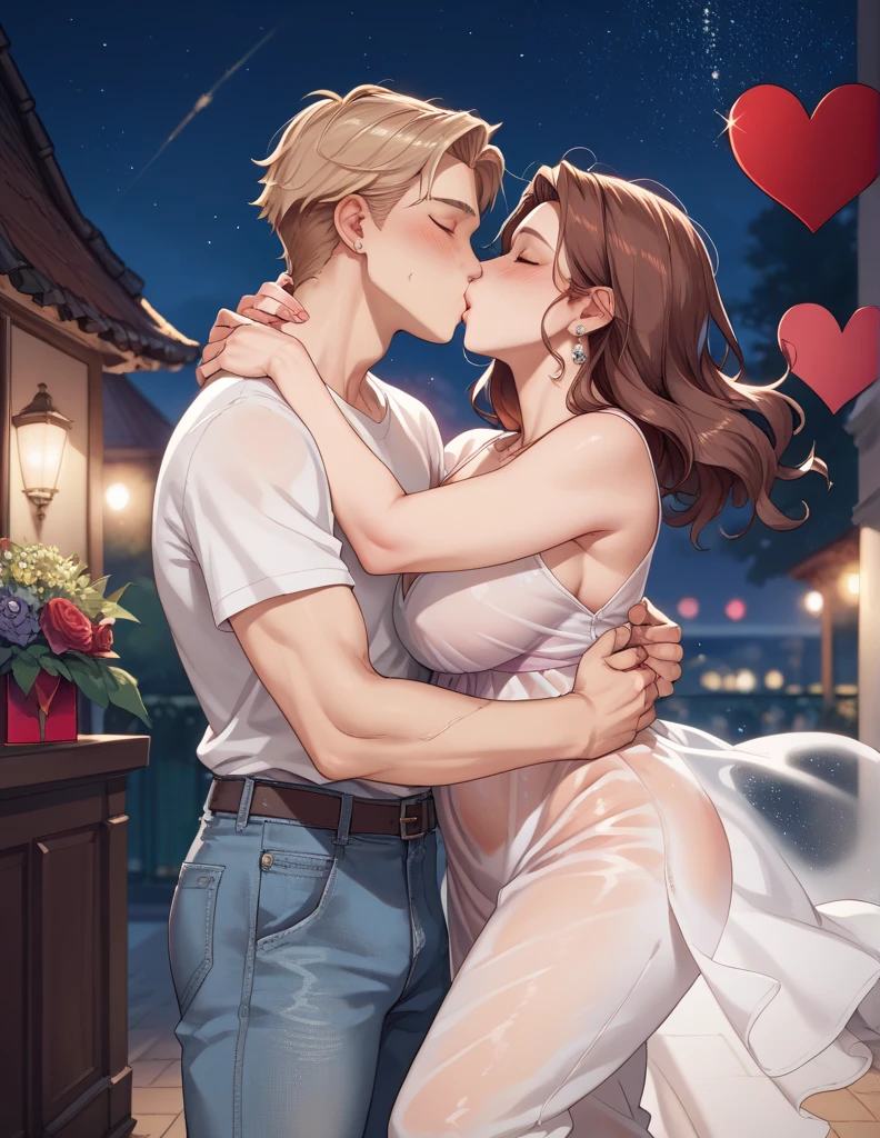 score_9, score_8_up, score_7_up, source_anime, 1boy, 1girl, mature female, mother and son, ???, hug, kissing, date night, valentine's day, romantic, loose hairs, transparent dress