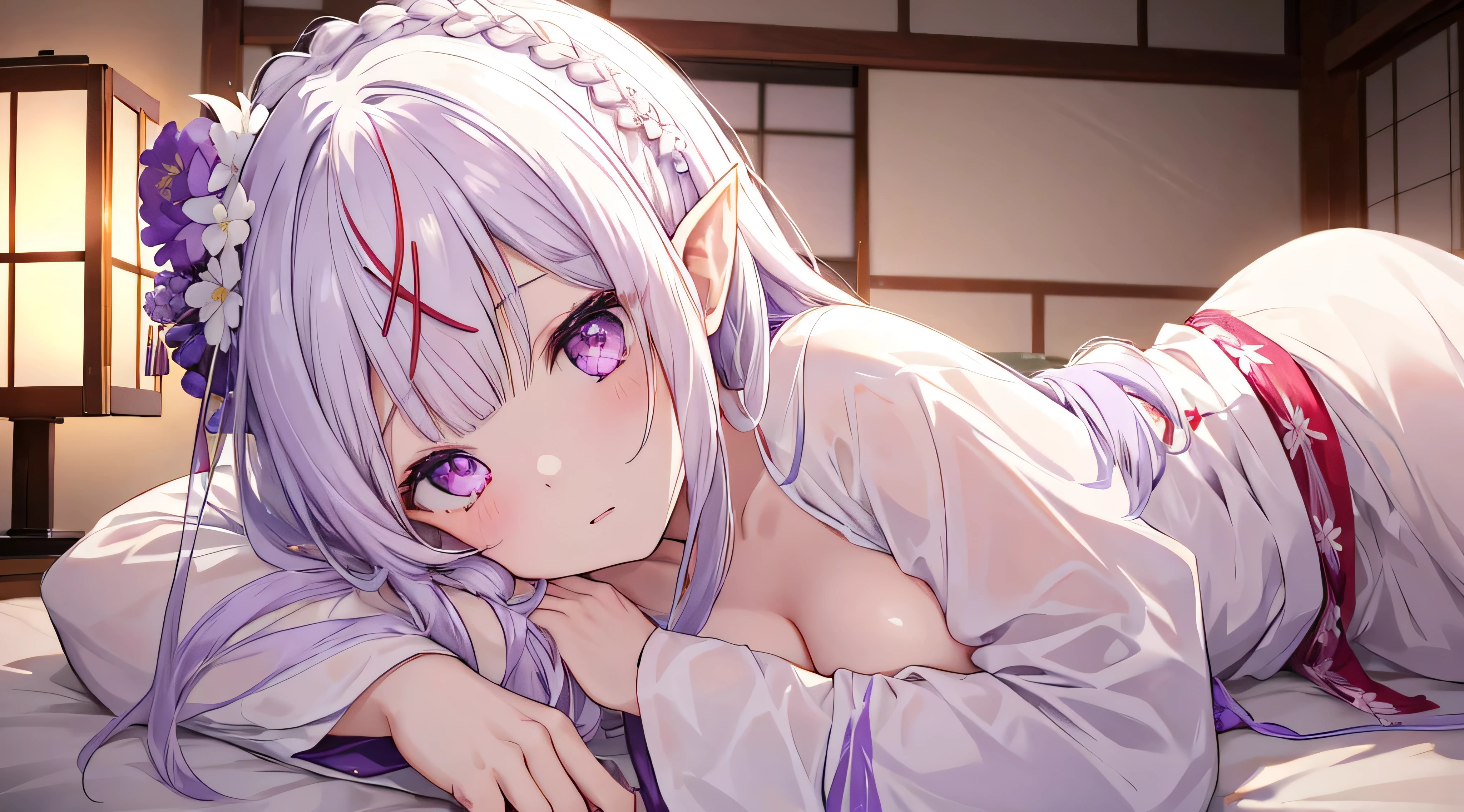 (Very detailed CG Unity 8k wallpaper)、(masterpiece)、(highest quality)、(Very detailed)、(Best illustrations)、(Best Shadow)、alone、One Girl、Yellow Eyes、Big Eyes、Big Breasts、Luxury bed、whole body、yukata、evening、Luxury Background、whole body、Bright hair color、Messy wavy long hair、Shiny skin、Shiny texture