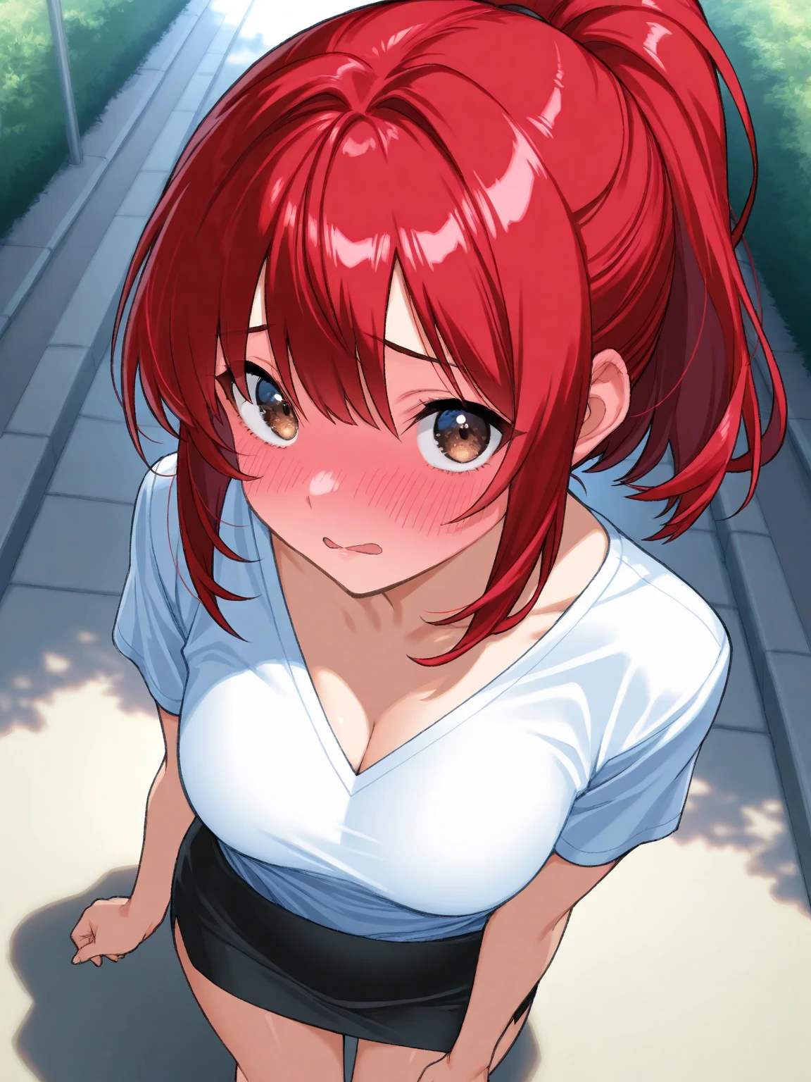 best quality, masterpiece, highres, detailed, digital artwork, <lora:Tools - add_detail:0.2>, IkuyoHoshi, red hair, pink ribbon, low ponytail, red eyes, white shirt, blue skirt, mature woman,  <lora:Character - IkuyoHoshi:0.8>, shy, blush, outdoors, tree,