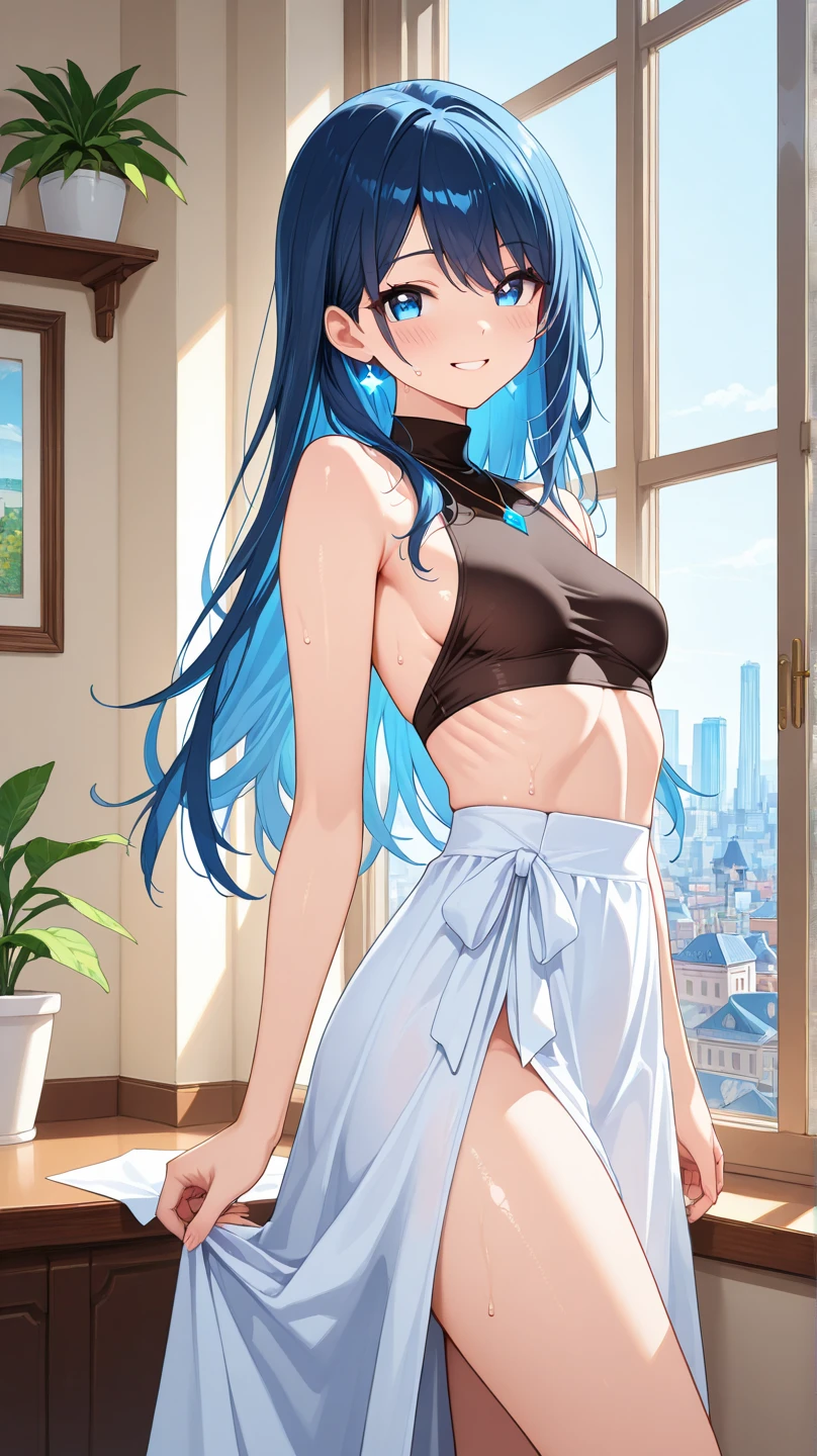 NSFW,masterpiece,Highest quality,High resolution,Super detailed,dawn_\(pokemon\),blue eyes, Blue Hair, Long Hair, Side Lock, Hair Clip,Crop top,Shorts,Thigh straps
