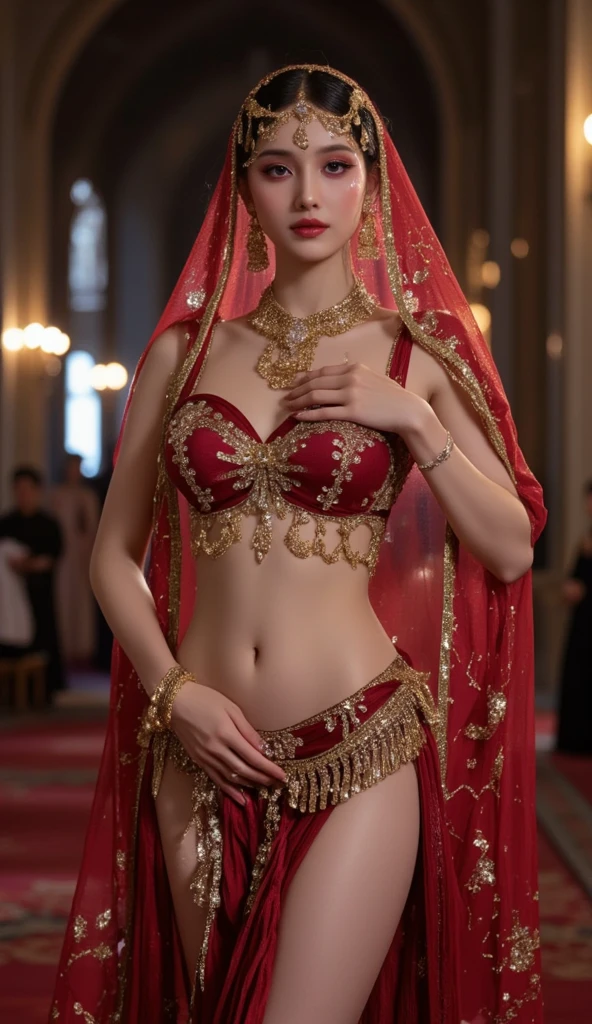 arafed woman in a red and gold shawl and a red dress, middle eastern skin, beautiful arab woman, young middle eastern woman, beautiful iranian woman, arabian beauty, middle eastern, mid shot portrait, detailed face of an arabic woman, 7 0 mm portrait, portrait shot, close - up portrait shot, close up portrait shot, photo of a beautiful woman
