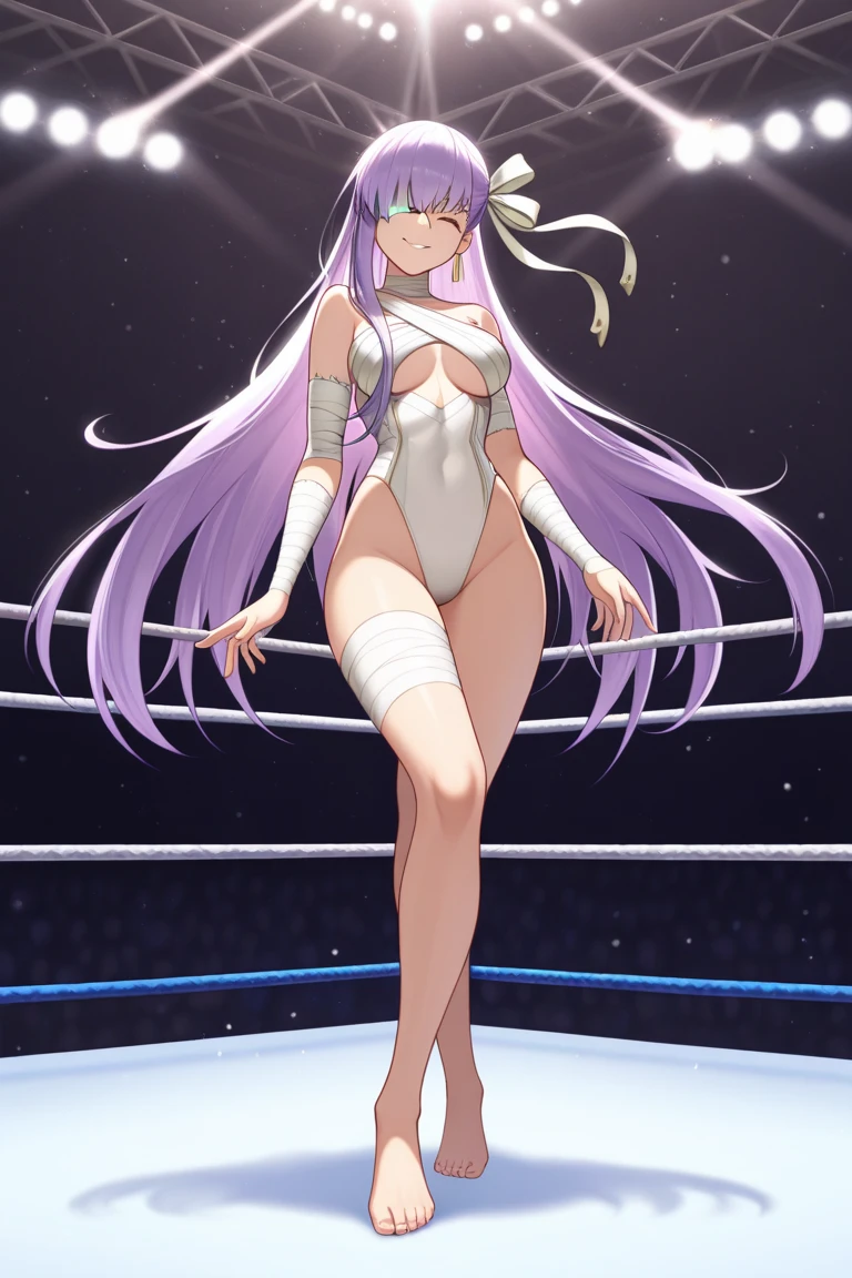 masterpiece, best quality, serra, purple eyes, long white dress, sleeveless, elbow gloves, purple scarf, belt, ((Tight leotard)), ((sexy pose)), ((Wrestling ring)), looking at viewer, from behind, surprised