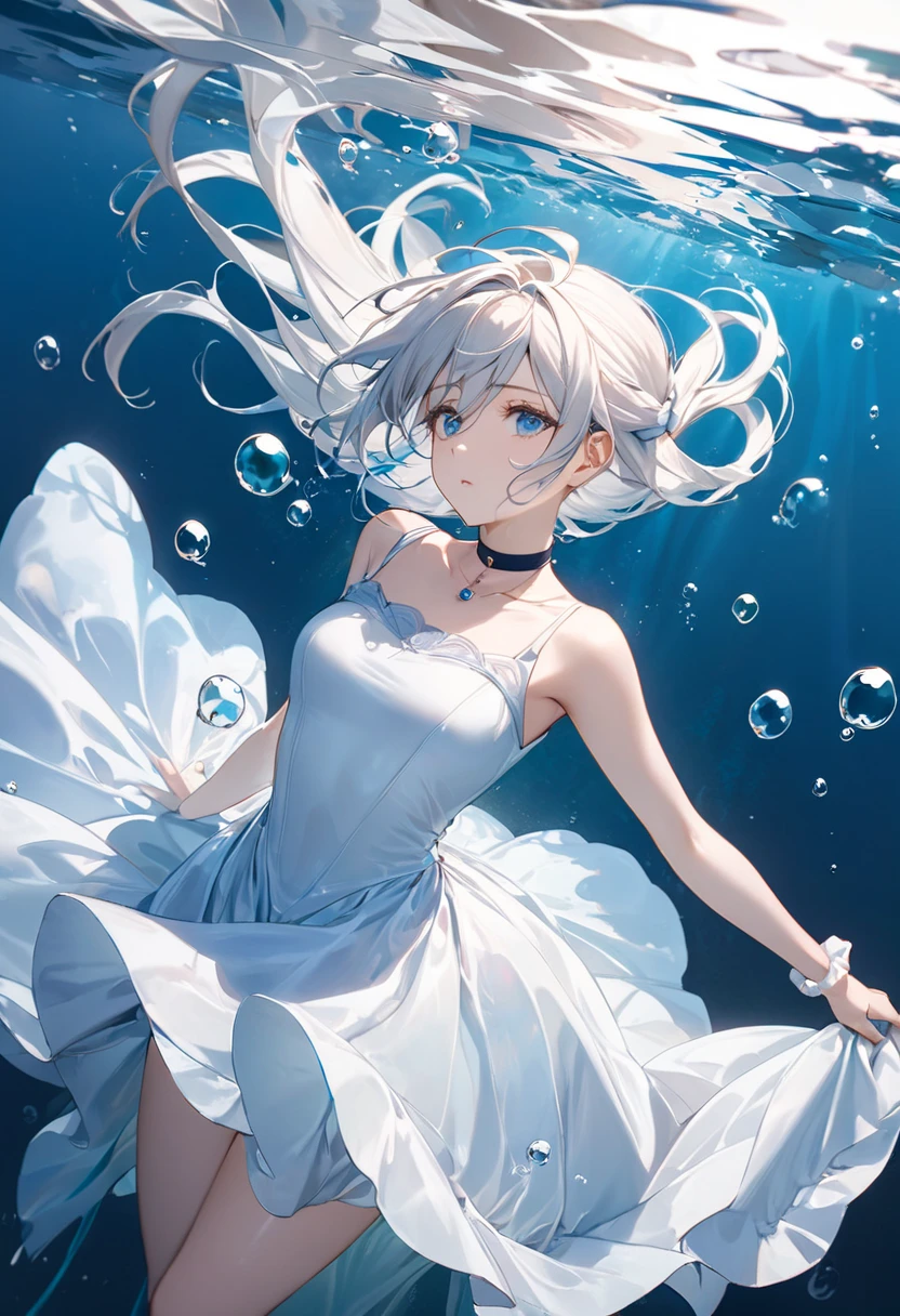(Very detailedなCG、Unity、8k wallpaper)、(Very delicate and beautiful)、(masterpiece)、(Highest quality:1.0)、(超High resolution:1.0)、Beautiful lighting、Perfect Lightning、Realistic Shadows、[High resolution]、Detailed skin、Very detailed、Detailed face and eyes、Realistic eyes、blue eyes、Floats on water、Gray Hair、drifting、A girl in a white dress floating in the deep sea、Life at sea、Shining a light、Underwater Scene、terrible、water flowing