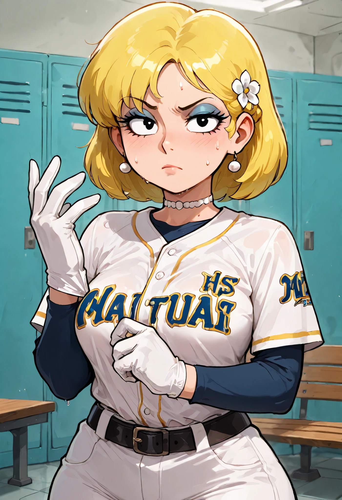 Lori Loud. medium breasts, huge hips, blonde hair, black eyes, blue eyeshadow, pearl earrings, white earrings. choker.| masterpiece, best quality, 1girl, solo, hair flower, braided hair ring, baseball jersey, baseball uniform, long sleeves, undershirt, white pants, sweat, indoors, locker room, locker, bench, adjusting clothes, adjusting gloves, upper body, belt buckle, shirt tucked in, looking at viewer, serious, frown, raised eyebrow, closed mouth