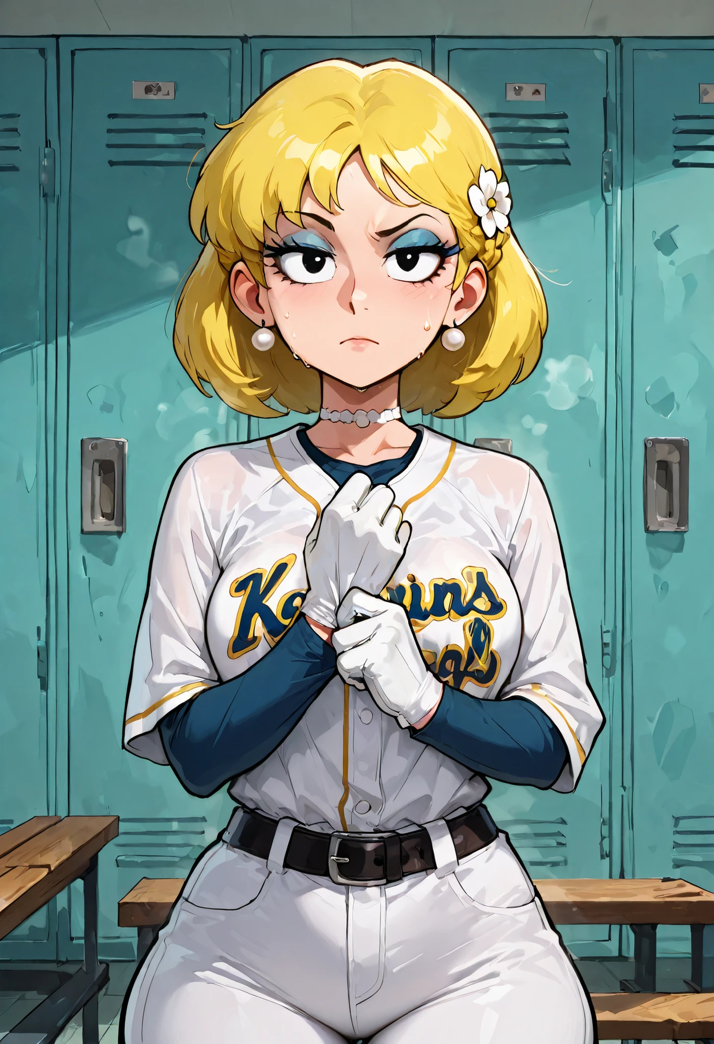 Lori Loud. medium breasts, huge hips, blonde hair, black eyes, blue eyeshadow, pearl earrings, white earrings. choker.| masterpiece, best quality, 1girl, solo, hair flower, braided hair ring, baseball jersey, baseball uniform, long sleeves, undershirt, white pants, sweat, indoors, locker room, locker, bench, adjusting clothes, adjusting gloves, upper body, belt buckle, shirt tucked in, looking at viewer, serious, frown, raised eyebrow, closed mouth