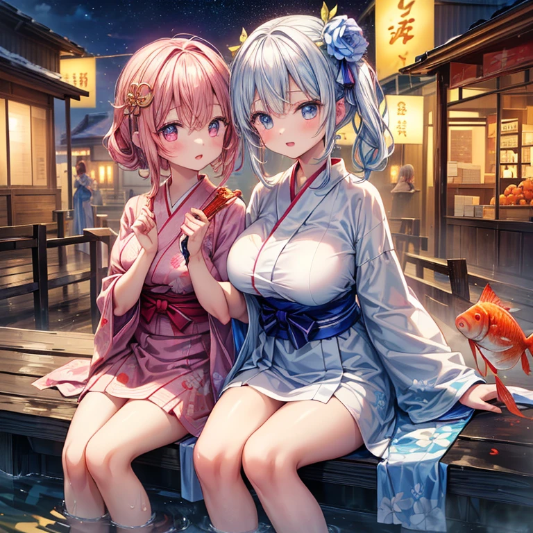anime, two girls, 色ful hair,pink hair and blue hair、 long, dense lips、pink eyes, I can see the cleavage、Kyoto, cherry blossoms、petal、moon,  kimono、off shoulder、sitting, ultra high resolution、high resolution、masterpiece、16K、perfect lighting