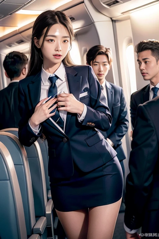 (in 8K、Raw photography、Highest Quality、realisitic、Photorealsitic、Professional Lighting、masterpiece、extremely delicate and beautiful、Highly detailed、finely detail、ultra-detailliert、hight resolution、full-shot)、SFW、Detailed scenario of a very crowded cabin、(((On the plane)))、1girl in、1 Flight attendants、Beautiful female flight attendant(woman 1)ha、Wearing a flight attendant uniform、Beautiful face:1.5、Model body type、small tits、All passengers except one female are male......:3、Young man in suit、(woman 1)Touching the body of、Young men(woman 1)hug from behind、Young men(woman 1)Touching the chest of、Young men(woman 1)Flip up the skirt of、Black panties are visible、