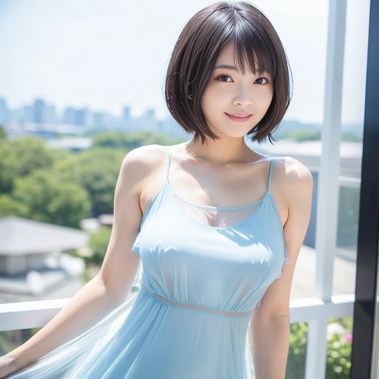 Best-quality, Masterpiece, Ultra-High-Resolution, (Photorealistic:1.4), Raw-Photo, at hotel-room, 1girl, 15-years-old, the most famous Japanese idol, (wearing only light-blue see-through dress, extremely see-through dress), upturned ass, (extremely cute face like the most popular Japanese idol), (extremely beautiful black-short-cut-haired), (((extremely beautiful big-black-solid-circle-eyes))), extremely beautiful skins, extremely beautiful body, innocent-smile, looking at viewer, detailed see-through-dres.big breasts,(Staring at the man:1.5)、