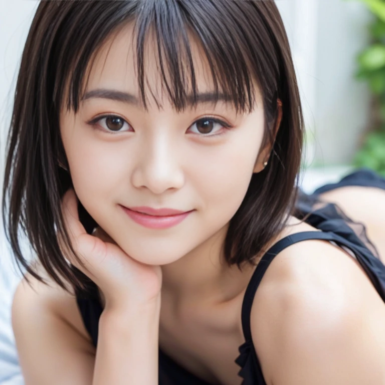 best quality, masterpiece, ultra high resolution, (lifelike:1.4), original photo, Extreme details, perfect anatomy, 1 girl, alone, portrait, (12 years old), Japan's most famous idol, on the bed, Extremely beautiful short black hair, Very cute face just like the most popular Japanese idol, Extremely beautiful big black round eyes, Extremely beautiful long eyelashes, extremely beautiful lips, An innocent smile, extremely beautiful shoulders, Extremely beautiful body