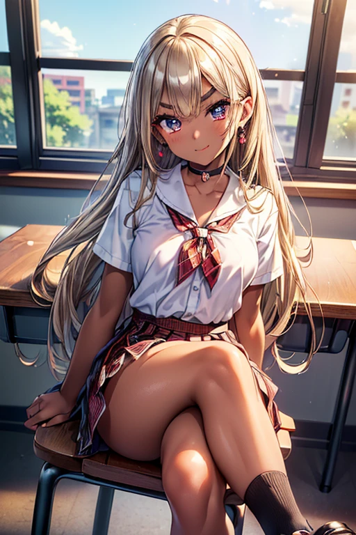 (Masterpiece:1.2, Highest quality), (realistic, photorealistic:1.4), beautiful illustrations, 
looking at the audience, Full body, front view:0.6, 
1 woman, Japan, high school girl, (long hair:1.5), hair dryer, (half up, half updo), smooth, hair between the eyes, big breasts:0.8, 
Beautiful hair, Beautiful face, Beautifully detailed eyes, beautiful collarbone, beautiful body, Beautiful breasts, beautiful thighs, Beautiful legs, Beautiful fingers, 
(beautiful scenery), , school,
((Short sleeve shirt with collar, white shirt, , gray plaid skirt, Blue Plaid Bow Tie)), white panties, 
(stand, , Lift up your skirt., Grab the edge of the skirt., hand on chest, hand between legs), 
Blush, ,