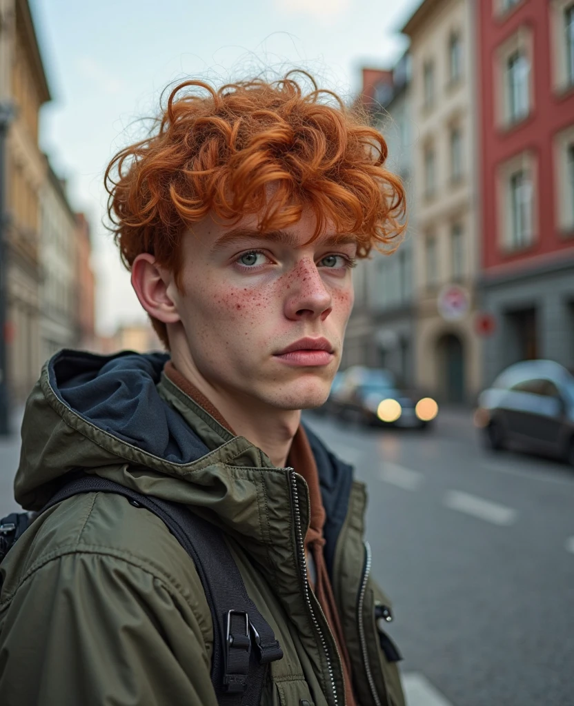 young red-haired man, on the street, realistic portrait, red-haired man with green eyes and freckles, serious expression, looking at a monument, standing on the sidewalk of an urban street, with a camera,  buildings in the background , natural lighting, photo effect, 4k, Top quality, fine details, vivid colors, sharp focus