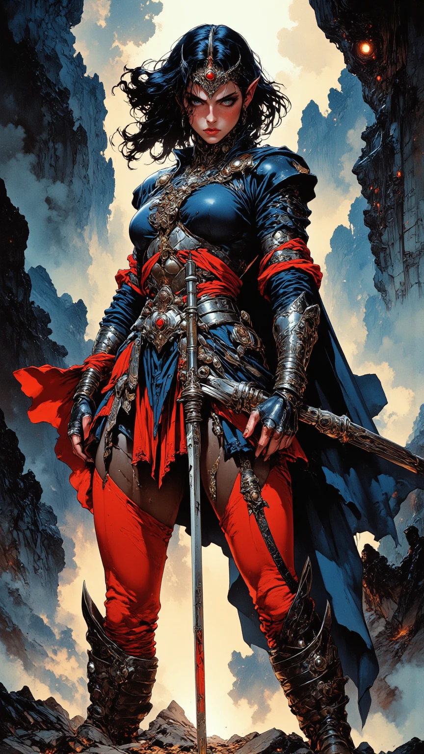 perfect proportions, anatomically correct, (head to toe: 2.0), (full body image: 2.0), solo, (Casshern: 1.6), extremely stylized, deviant art, masterpiece, highly detailed, detailed eyes, expressive detailed eyes, detailed pupils, futuristic, ((1950s scifi helmet)), ((pointy helmet)), Rubber Gloss, (red flightsuit:1.4), white boots, entire body image, full body shot, nvinkpunk, professional photograph of alexander_skarsgard, tassles, large beads, large tassels, navy blue and white, cyberpunk, inkpunk, paint platter, ink splatter, (action pose:1.0), ((holding a two pronged spear))，xianxia，female swordman