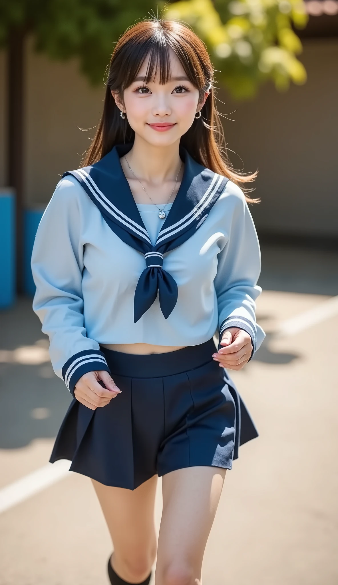 (Draw the whole body:1.ung Japanese woman、( playground)、Midsummer Sunshine、(upper eye use)、smile、sprint、((navy blue sailor suit))、(navy blue pleated mini skirt)、white skin、beautiful dark hair、bob cut、light makeup、Beautiful Thighs、(black knee-high socks:1.2)、(black low heels:1.4)、(dynamic pose:1.imple Ring、simple necklace、small earrings、Beautiful and huge breasts、Precisely depict the hands and feet、 RAW photos 、16K、reality、professional photography techniques、Ultra HD、(Angle of view from a bird's-eye:1.35)、16K、Real Photos