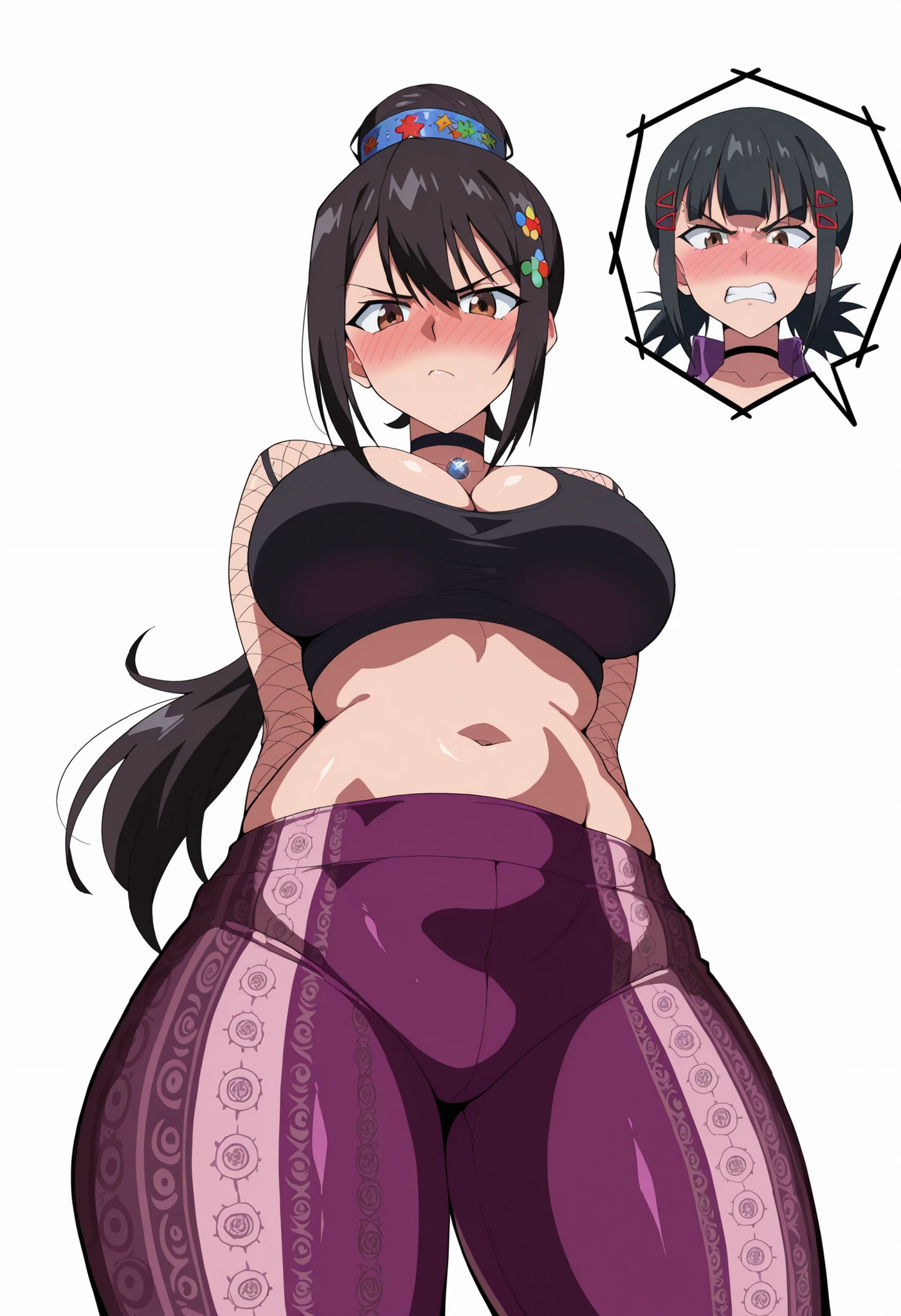 score_9, score_8_up, score_7_up, best quality, masterpiece, 4k, uncensored, very aesthetic, high quality, fishnets, fishnet_legwear, breasts,1girl, black hair, blue_eyes, long_hair, nipples, rating:questionable, open_mouth, thighhighs, looking_at_viewer, smile, navel, revealing_clothes, huge_breasts, (tight bodysuit, heart cutout:1), areolae, hand_on_hip, cleavage, bare_shoulders, solo_focus, choker, thighs, gloves, :d, heart_cutout, standing, huge_nipples, bangs, skindentation, sports_bra, cleavage_cutout, cumshot on face, cumshot on breasts, eyebrows_visible_through_hair, hair_between_eyes, collarbone, curvy, pink_gloves, large_areolae, puffy_nipples, personification, collar, solo, tongue,