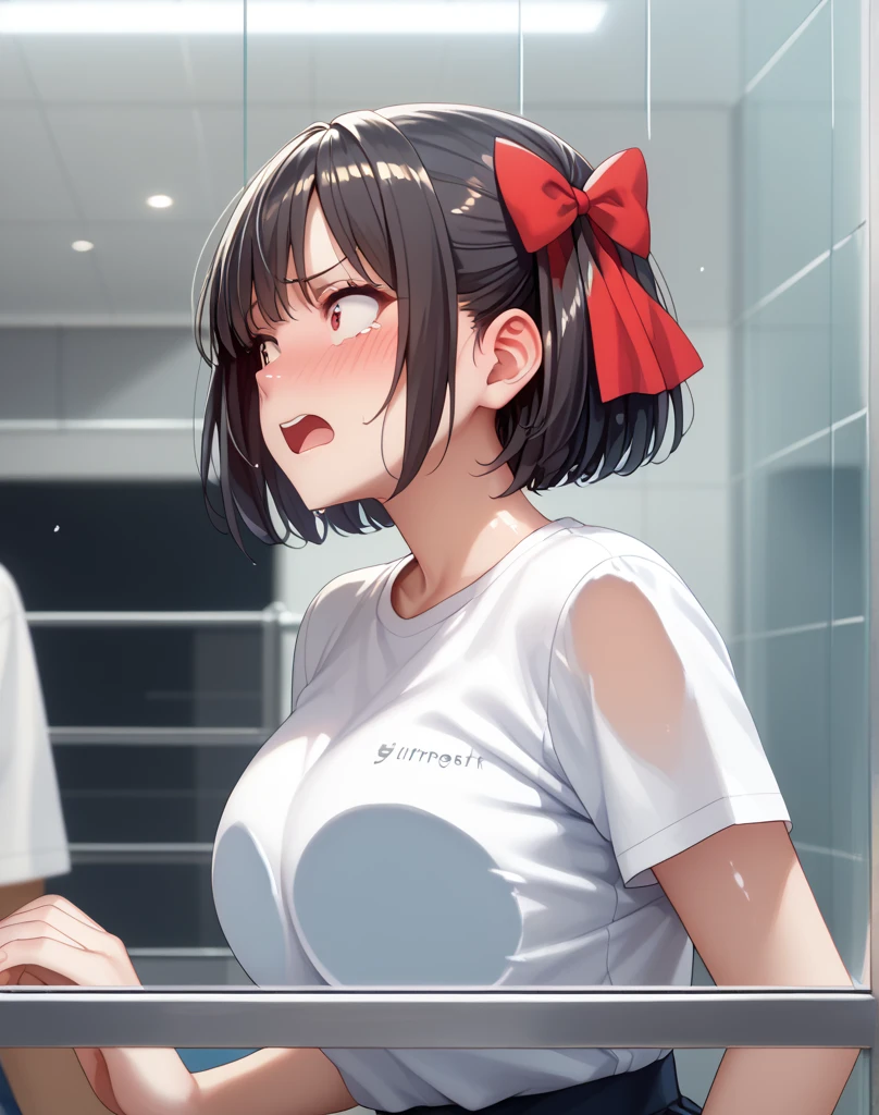 masterpiece, best quality, very aesthetic, absurdres, newest, 1girl, looking at viewer, blush, short hair, open mouth, bangs, indoors, brown hair, shirt, 1boy, holding, brown eyes, upper body, short sleeves, solo focus, bag, blurry, looking at another, speech bubble, bottle, pink shirt, holding bottle, beer bottle