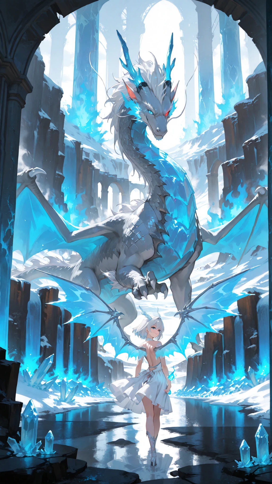 (Unbelievable high resolution , masterpiece , highest quality , ultra-detailed, , Clear image , 8K , CG , high quality anime picture , Photographic perspective ) , a confident anime girl, very young girl , height 143cm, long white hair, heterochromia, red dragon eye (right), black eye (left), black left eye, wearing a backless white dress, holding a glowing blue flame with hand , B-cup, silver eastern dragon horns, silver dragon wings, confident smile , surrounded by highly detailed magical blue flames, in a frozen fantasy landscape with icy cliffs and glowing crystals, masterpiece, ultra-detailed, best quality, dynamic lighting, cinematic atmosphere , fantasy icy landscape, glowing ice pillars, frozen ruins, detailed background, blue mist, magical aura ,