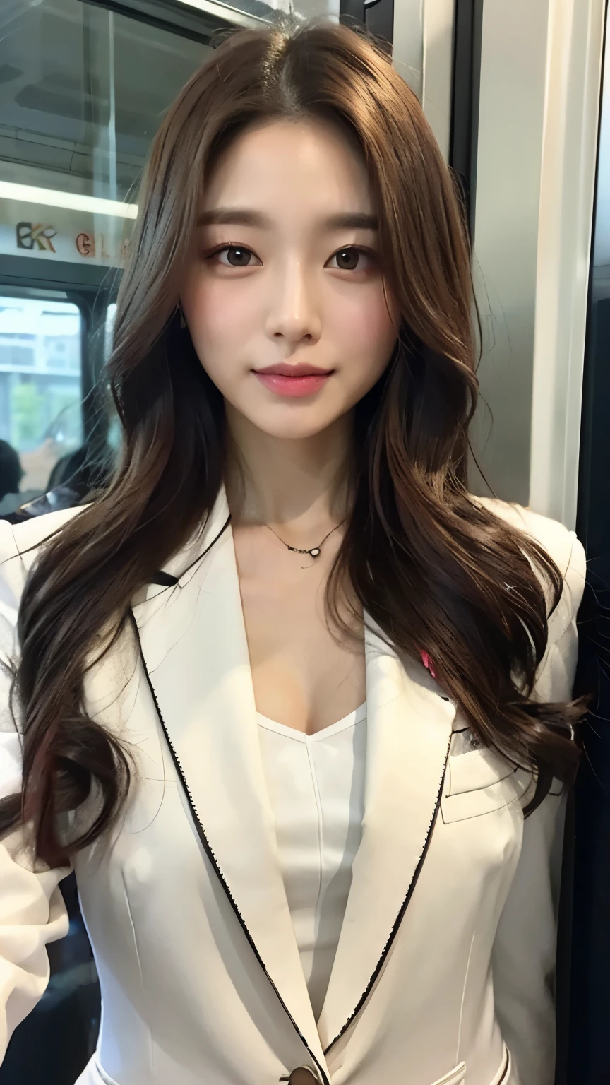 (18-year-old sweetheart), (big breasts:1.3), office、sit at desk、white suit、Let your hair flutter in the wind、(masterpiece: 1.3), (maximum resolution: 1.4), (super high quality: 1.2), cinematic light, super high quality,make one'My cheeks turned red:1.2、 (beautiful eyes and skin), (detailed facial features), nffsw, 8K resolution, perfect style, beautiful expression、Highly detailed face and skin texture、detailed eye、double eyelid、glitter eyeliner:1.2、shiny skin、(pure white skin:1.8)、(white skin:1.8)、red rouge、dark lipstick:1.2、small shiny necklace and earrings、(glossy lips:1.2)、glossy lips:1.2、((full body shot:1.2))、(straight hairstyle、light brown hair)、long hair、(very kind smile:1.3)、175cm、Asahi