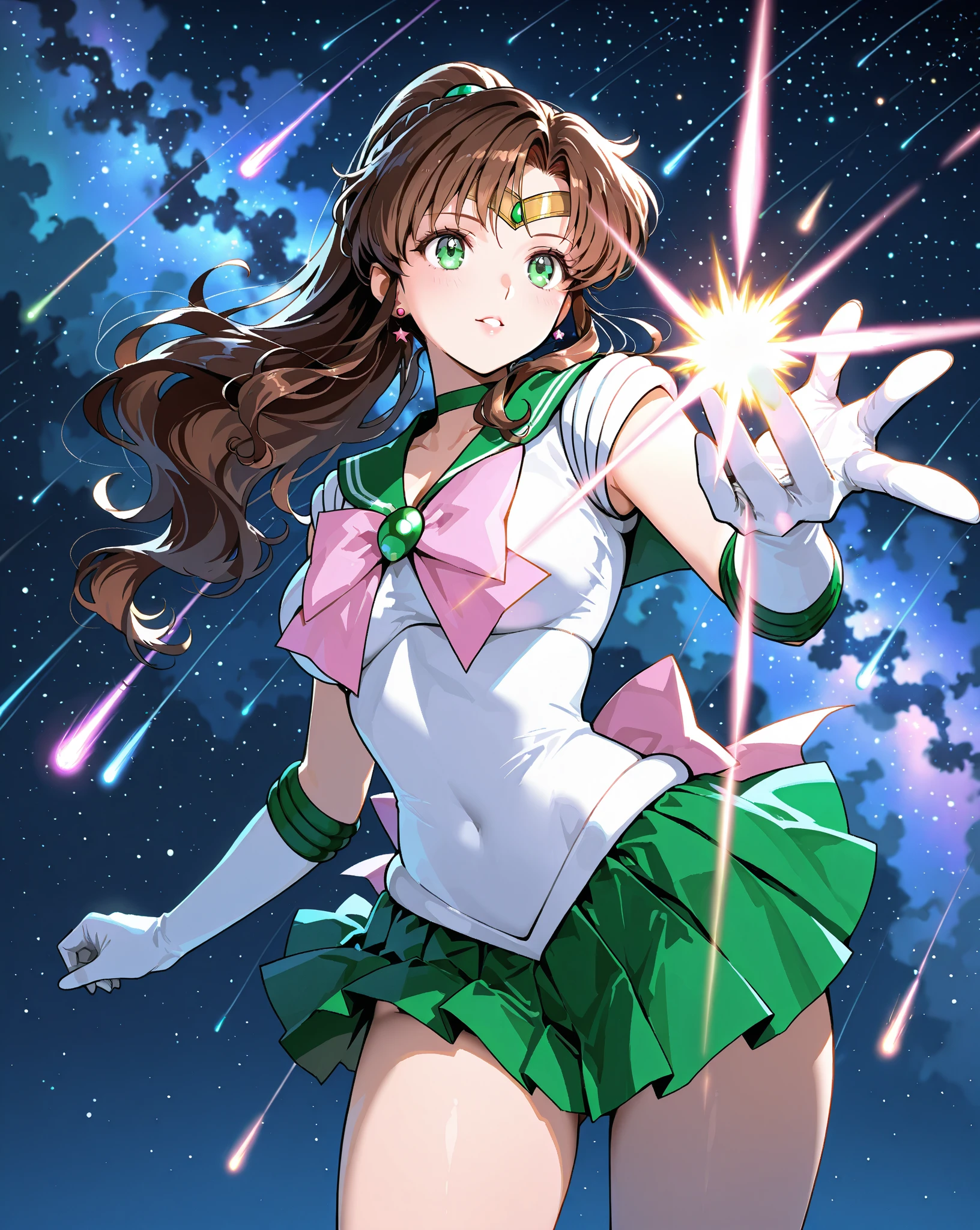 Masterpiece, Best Quality, Hi-Res, Jupiter 1, 1 Girl, Solo, Low Angle,Sailor Senshi Uniform, Sailor Jupiter, Makoto Kino, Reddish-brown hair, Magical Girl, Green Eyes, White Panties, Green Skirt,Elbow Gloves, Tiara, Pleated Skirt, Green Sailor Color, Mini Skirt, Choker, Lightning Background, Green Choker, White Gloves, Ponytail, jewelry, earrings, dynamic posture, dynamic background, smile, show panties:2.0,