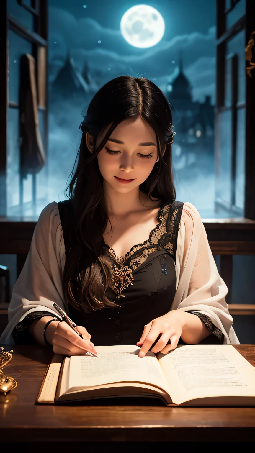 "A dreamy magical scene under a glowing full moon, featuring an adorable sleeping kitten curled up on an ancient spellbook, surrounded by glowing runes and magical artifacts. A wise and gentle magician in a flowing robe watches over the kitten with a warm smile. Soft moonlight filters through misty air, creating a peaceful, fantasy-inspired nighttime atmosphere. Highly detailed, cinematic lighting, fantasy art style, soft textures, enchanting and whimsical mood."