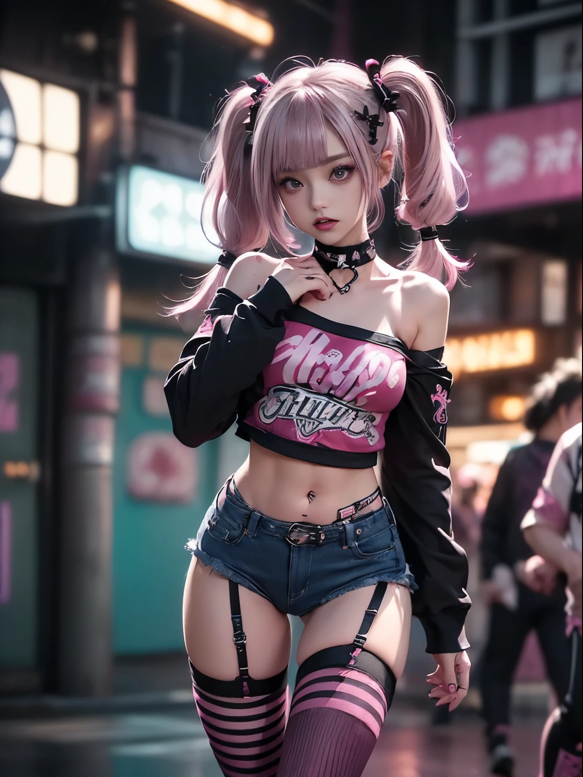 (8K,masuter piece:1.2、top-quality)、(Live action、Intricate details)、(1 milf、独奏、The upper part of the body、Colossal tits) Pink Cyberpunk Costume、enticing Avant-garde、Experimental appearance: Pink berry shortcut、real looking skin Dramatic makeup、: enticing,Sexy costume,Length denim tight skirt,Anti-system、Provocative Location: urban art district、A smile Underground Music Scene Hobbies: Take part in punk shows、Create mixed media art、Experiment with different subcultures values: individuality、authenticity、Creative Expression Inspiration: Punk rock music、Counterculture icons、avant-garde art movements Personality traits: boldness、boldness、Unconventional。