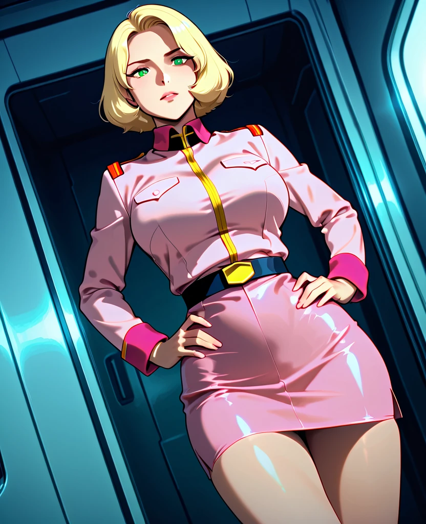 nsfw,general,high definition, Ultra Detailed,The very sophisticated,Highest Quality ,best arm,best eye,easynegative,
dynamic angle, HOLLAND ANGLE, (angle viewed from the front:1.3)、
1 woman,I'm watching my viewers,spaceship, hands on hips,
Saila Mass,blonde_hair, short_hair, green_eye, huge_chest,(pink military uniform),(sexy pose:1.4)、(not wearing a skirt:1.4)、(handjob),Man's 1 penis、(Penis is not wearing a skirt on the side of the face:1.2)、