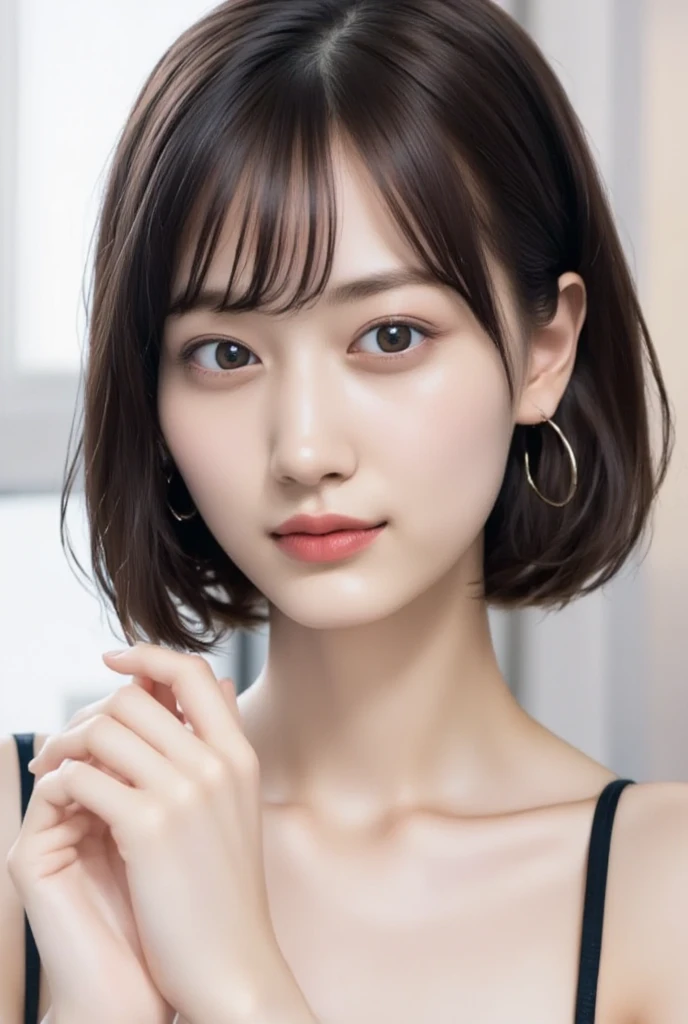 ((巨作、Top Quality、high-detail))、(1人)、(photorealestic:1.4)、独奏、((Nothing on a white background、Blank white background with nothing、No shoulder strap))、(the neck is long、Put your ears out、Wrap a bath towel、I don't wear clothes、Shoulder out、No shoulder strap、No shoulder strap、Glossy skin)、closes mouth、Happy smile、Smile happily、pretty black hair、Short hair with bangs、big eye、Distinct double eyelids、Lashes、Put your ears out、long neck、long neck、((Face Close-up))、(Put all your shoulders out)、19-year-old、Attractive proportions、Clean collarbone、The face of the golden ratio、Golden ratio、a perfect face、Tear mole、Mole on chest、bangs bangs、Clean bangs、Beautiful bangs、thin lips、White-colored skin、completely large breast、Small face、Smaller face、Draw all the heads、Put all your shoulders out、Staring at the camera slightly upwards、(Staring at viewer、Highlights in the eyes、Light brown eyes、lipgloss)