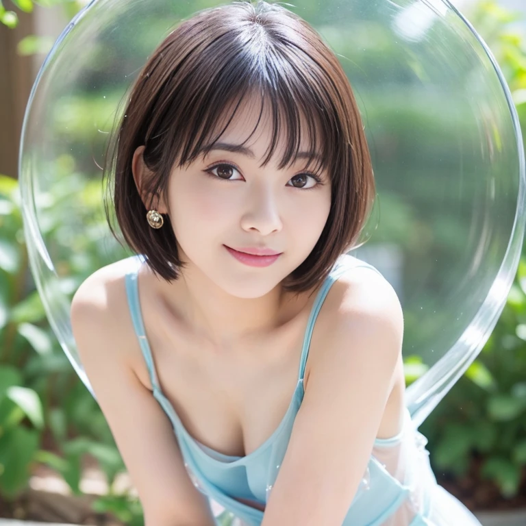 masterpiece, Top-class,  Delicate, Small breasts Delicate, Captivating smile, Neat and clean clothes, Blunt bangs, Short black hair,Background Blue
