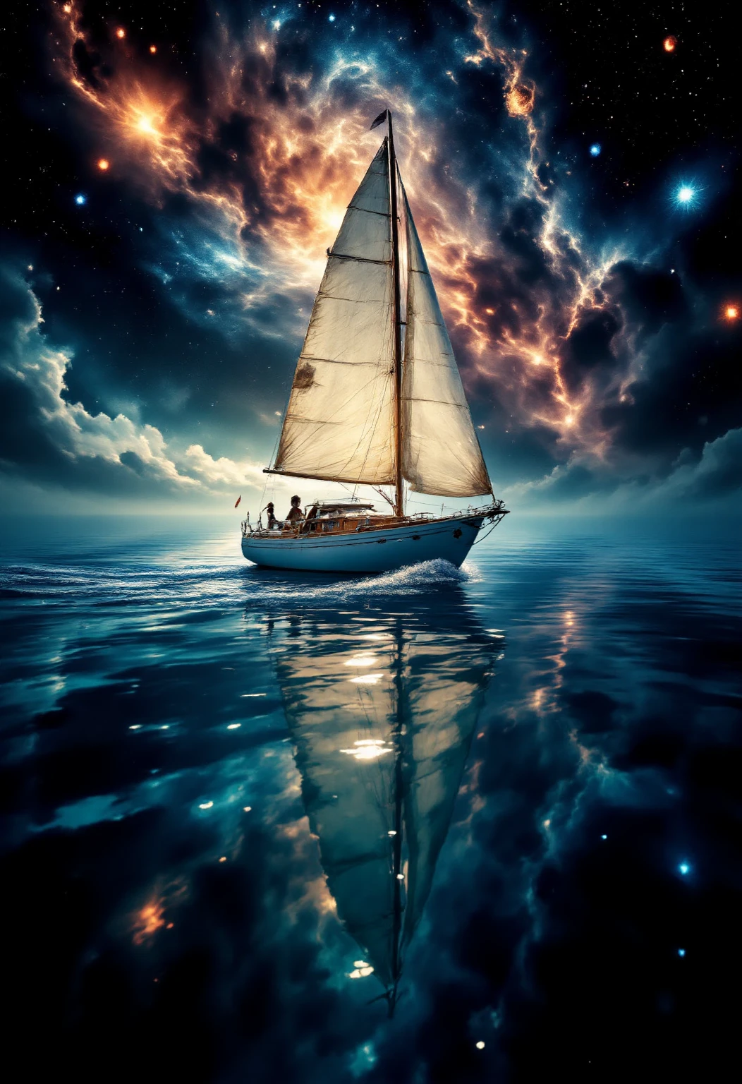 a huge sailboat swims through the vastness of space、infinitely dreamy illustrations, surrounded by nebulae galaxies and a beautiful asteroid belt. (Highest Quality,4K,8k,high resolution,masterpiece:1.2),very well detailed,(realistic,photorealistic,photo-realistic:1.37),  Fantastic Lighting , bright colors, A sailboat that shines in the celestial world, Ethereal Atmosphere, Graceful Movement, calm and peaceful.overwhelmingly impressive composition
