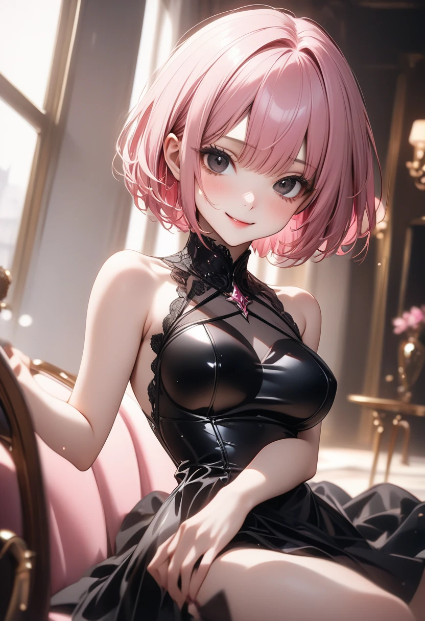 ((formal cropped jacket)), ((bustier)), ((skirt)), ((pantyhose)), , ((Very shiny outfit)), skindentation, skinny, alone, solo, 1 woman, Masterpiece, highest quality, highest quality, 16K, incredibly absurd, highly detailed, 2.5D, ai-generated, delicate and dynamic, very delicate facial expressions, delicate eye depiction, erotic, only sexy woman, ((A cute and kind face)), healthy figure, ((25-year-old woman)), 160cm tall, ((medium firm swaying bust)), medium breasts, (short hair), (pink hair:1.5), bob cut, black eye, blush, Sweat,Embarrassed,sexy, ((thin thighs)), (camel toe:0.7), (visible nipples:0.5), (Erect nipples,:0.7), shiny and lustrous, facing straight at viewer, smile, ((Oily_skin)), dark skin, ((standing)), ((arm at side)), ((erotic pose)),