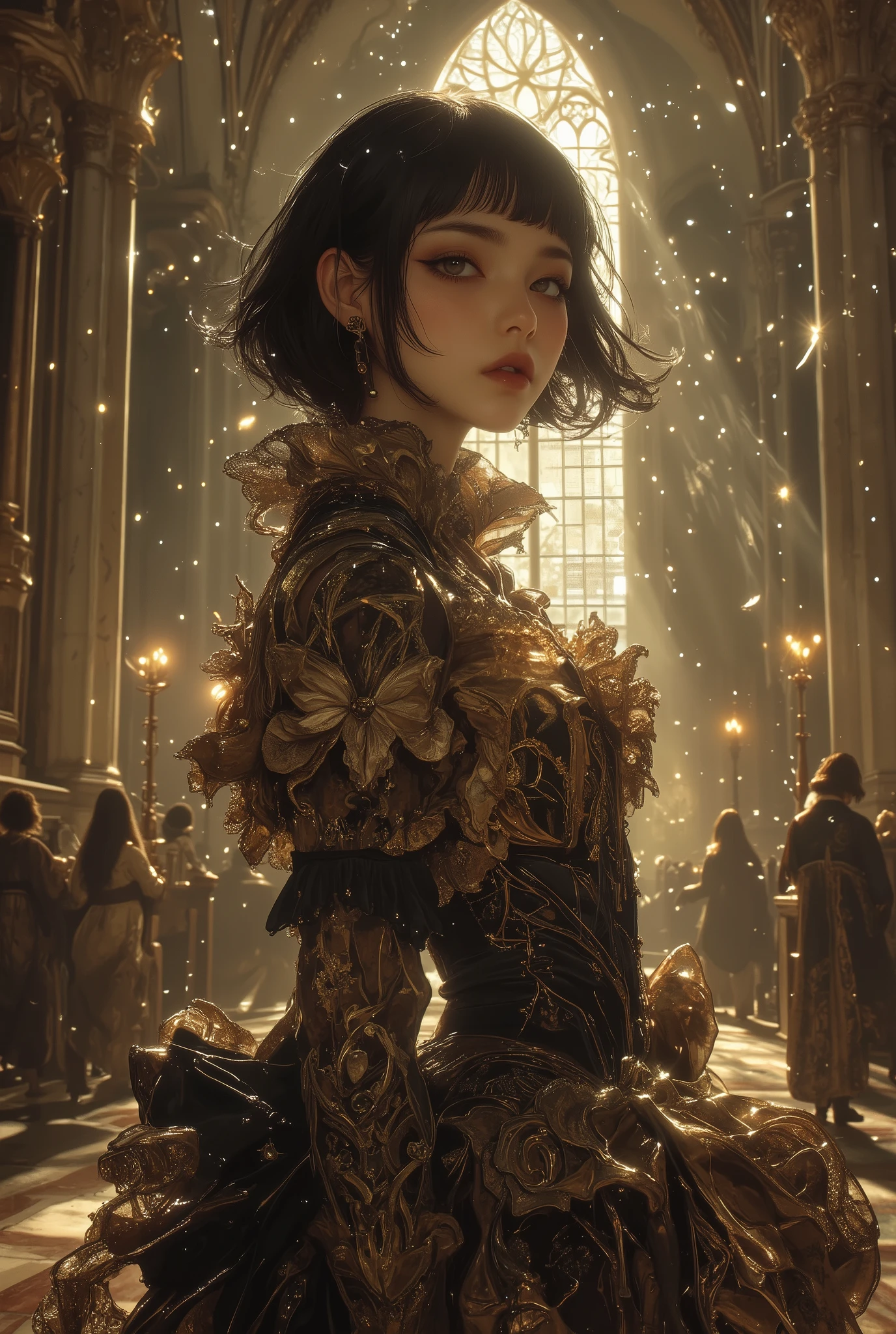 The beautiful light shining through the window is sparkling and beautiful、At a dynamic angle、Fashionable Photo、looking at viewer、smile looking at the camera、Extremely beautiful bewitching neutral beauty with black bob, 18 years old、wears a cool rococo dress and poses provocatively、Dazzling light is falling on the cathedral、highest quality