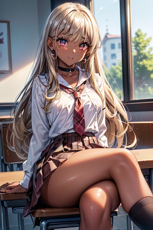 (((night,真night中))),((Dark atmosphere)),((Perfect Anatomy:1.2,Realistic:1.3,Raw photo:1.3,masterpiece、highest quality、Ultra - High resolution、High resolution、Extremely detailed CG、8k)),((attractive way to sit)),((((Crouching pose)))),1 female,alone,18-year-old、High school girl beautiful girl,Japanese,((Beautiful and exquisite face and eyes:1.2,Big beautiful eyes:1.0,)),(Brighten your eyes),((Beautiful woman))、Blonde,Long Hair,(Center parted hair:1.4,amount),Medium chest,((slim body)),Small Head:1.3,skinny,(Brown Skin:1.6),((Sunburn mark:1.8)),(Oily skin,Glowing Skin,Shiny skin,Sweat:1.2),(school uniform、Dark blue blazer jacket、White Shirt、Checkered pleated mini skirt),(prostitution),((show off bra:1.2)),Dirty back alley、Tokyo、((Turn your body forward)),(lonely),((Feeling melancholy))、Stick out your crotch、(Apathy)，(Lucky)、((Expressionless))